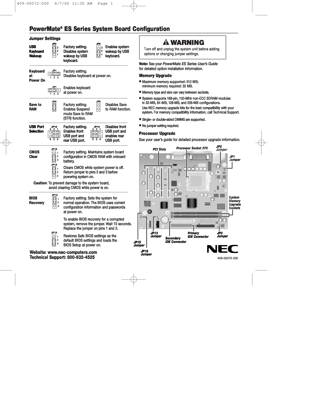 NEC manual PowerMate ES Series System Board Configuration, Jumper Settings, Memory Upgrade, Processor Upgrade, Wakeup 