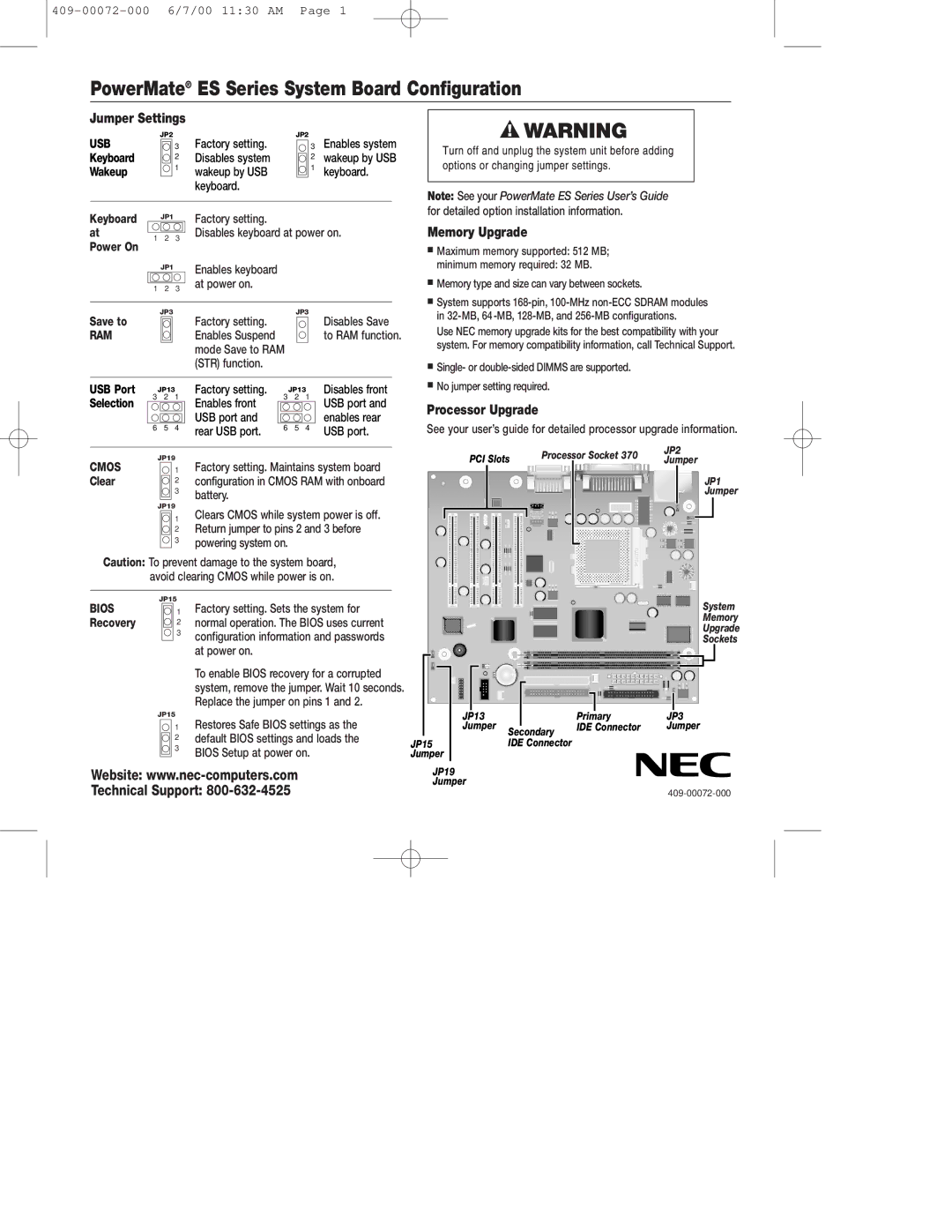 NEC manual PowerMate ES Series System Board Configuration, Jumper Settings, Memory Upgrade, Processor Upgrade 