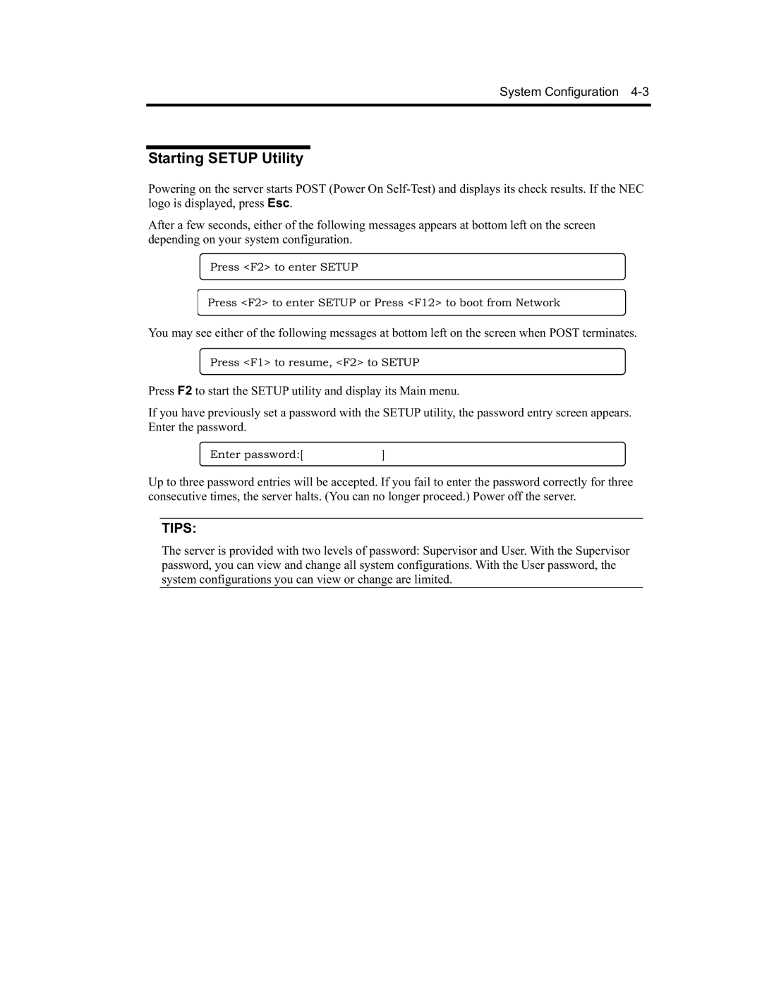 NEC EXP320B, EXP320A, N8800-091F, N8800-090F manual Starting Setup Utility 