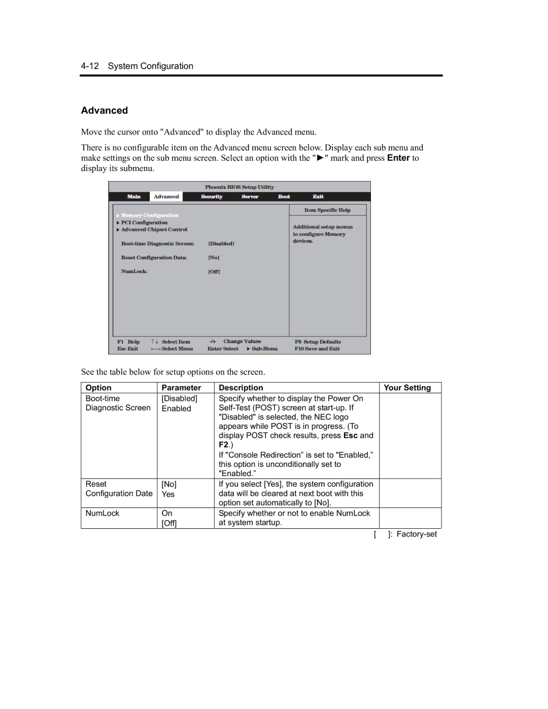 NEC N8800-091F, EXP320A, EXP320B, N8800-090F manual Advanced, Option Parameter Description Your Setting 