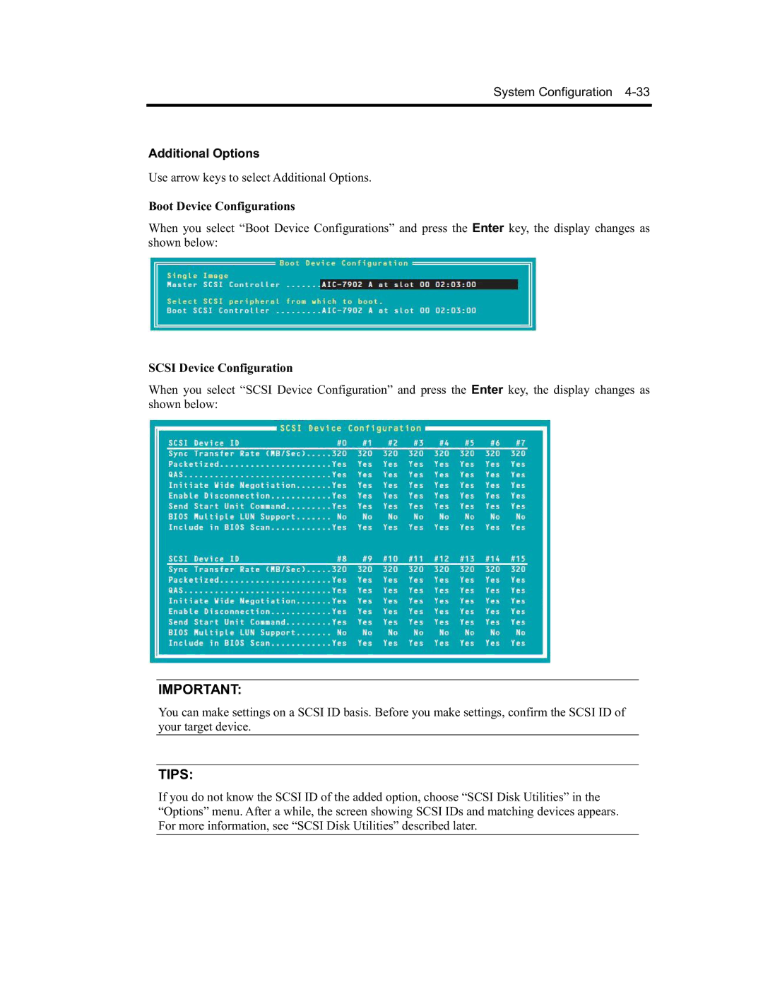 NEC N8800-090F, EXP320A, EXP320B, N8800-091F manual Additional Options, Boot Device Configurations, Scsi Device Configuration 