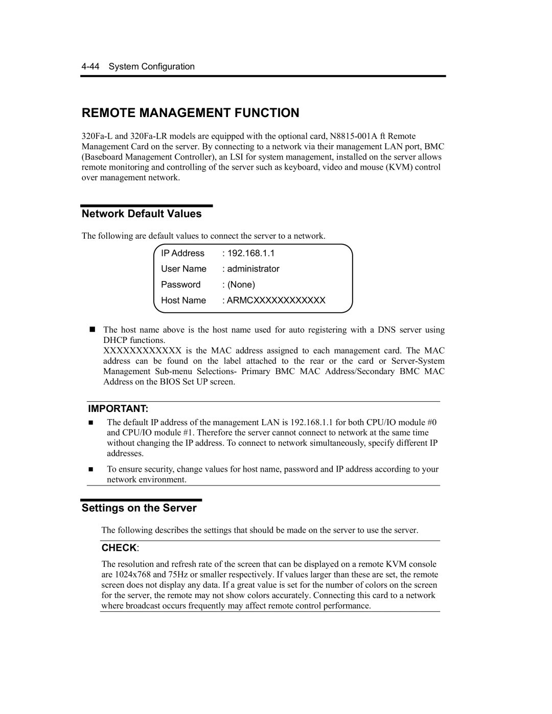 NEC N8800-091F, EXP320A, EXP320B, N8800-090F Remote Management FUNCTION, Network Default Values, Settings on the Server 