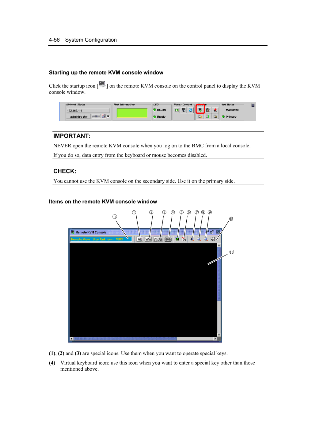 NEC N8800-091F, EXP320A, EXP320B manual Starting up the remote KVM console window, Items on the remote KVM console window 