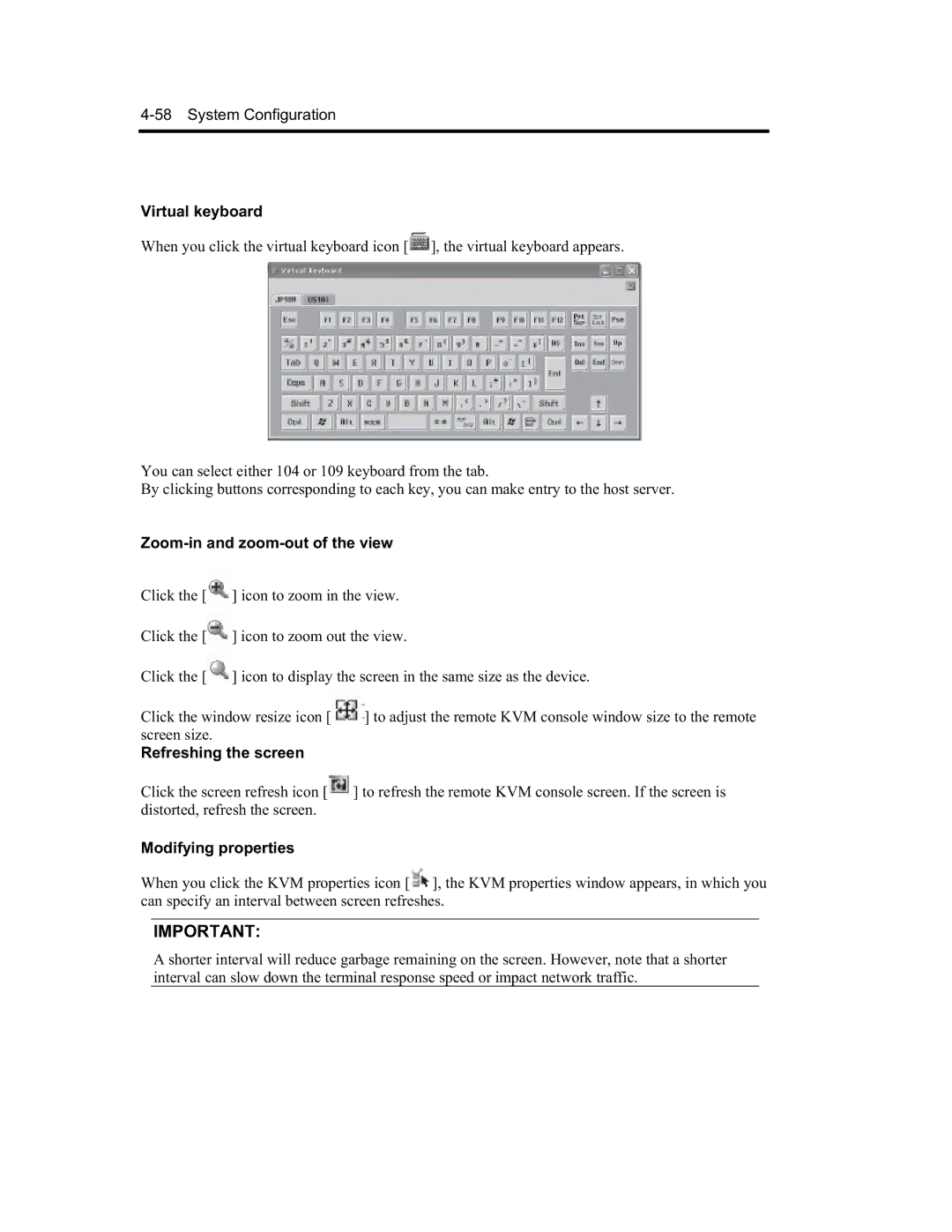 NEC EXP320A, EXP320B manual Virtual keyboard, Zoom-in and zoom-out of the view, Refreshing the screen, Modifying properties 