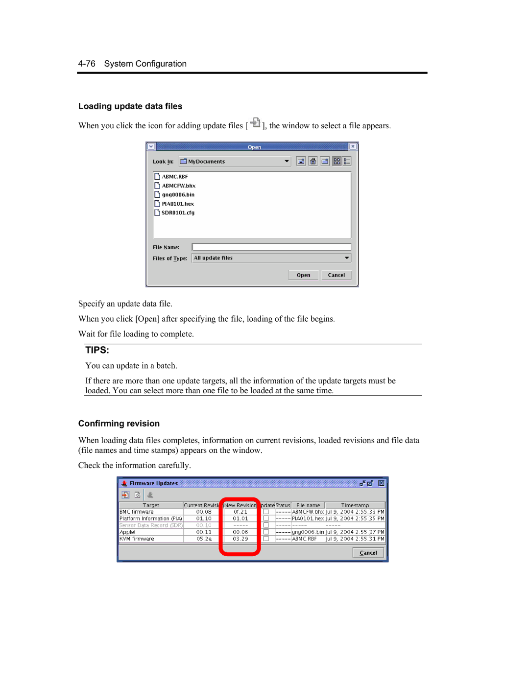 NEC N8800-091F, EXP320A, EXP320B, N8800-090F manual Loading update data files, Confirming revision 