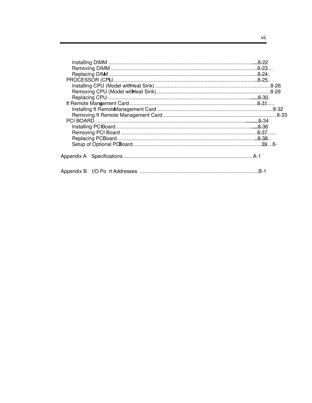 NEC N8800-090F, EXP320A, EXP320B, N8800-091F manual Vii, Appendix a Specifications Appendix B I/O Port Addresses 