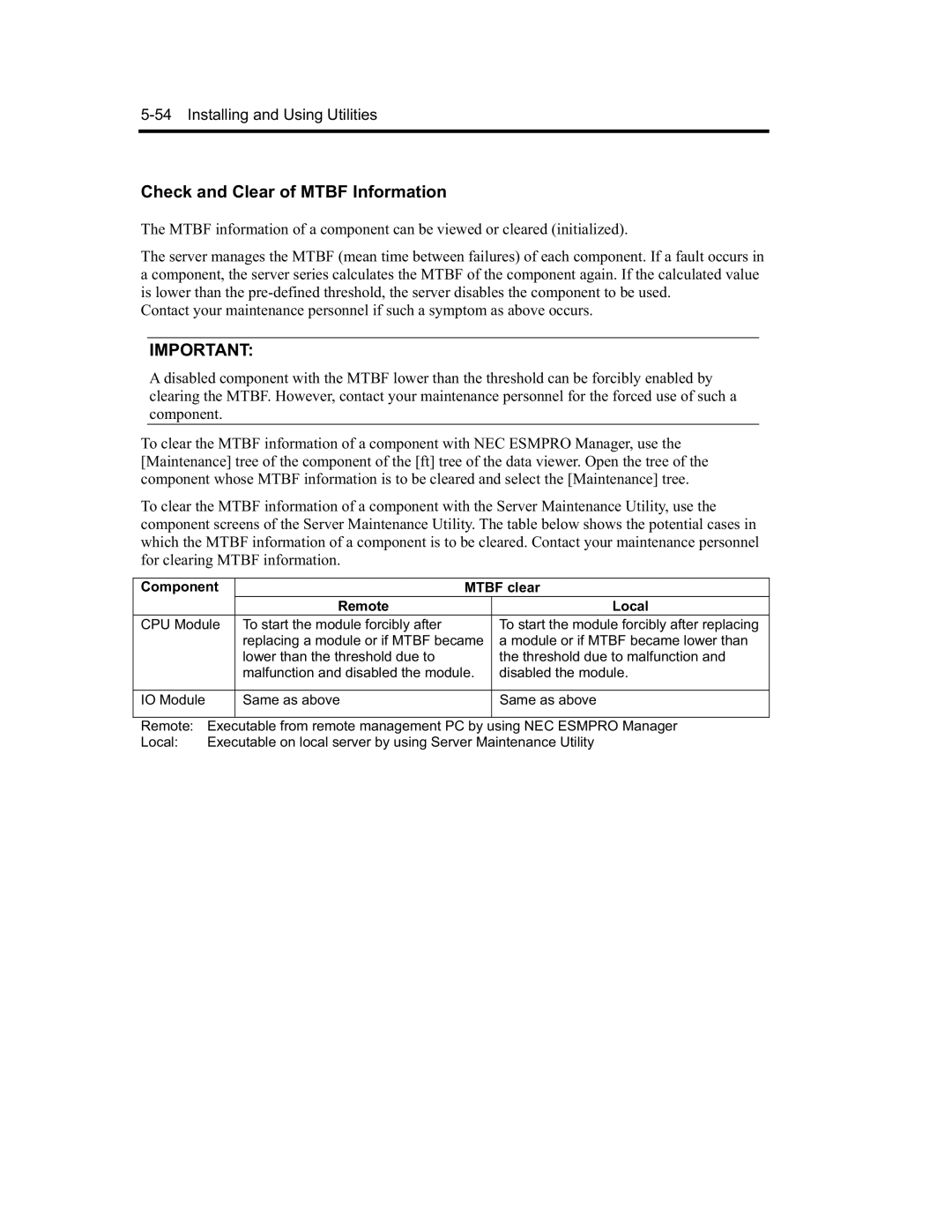 NEC N8800-091F, EXP320A, EXP320B, N8800-090F manual Check and Clear of Mtbf Information, Component Mtbf clear Remote Local 