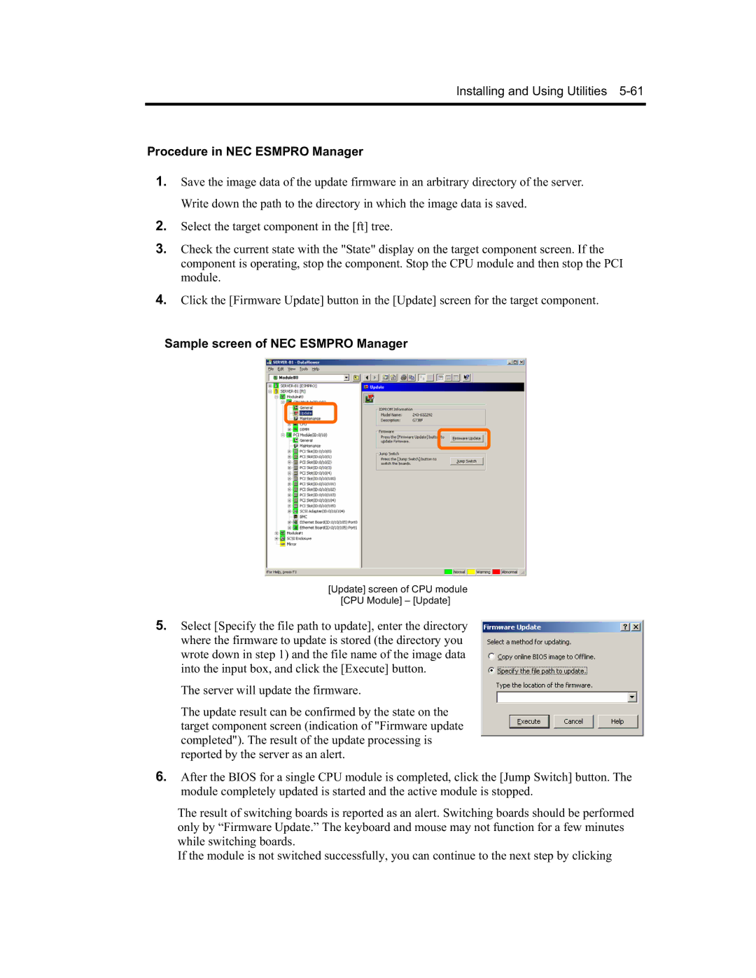 NEC EXP320B, EXP320A, N8800-091F, N8800-090F manual Update screen of CPU module CPU Module Update 