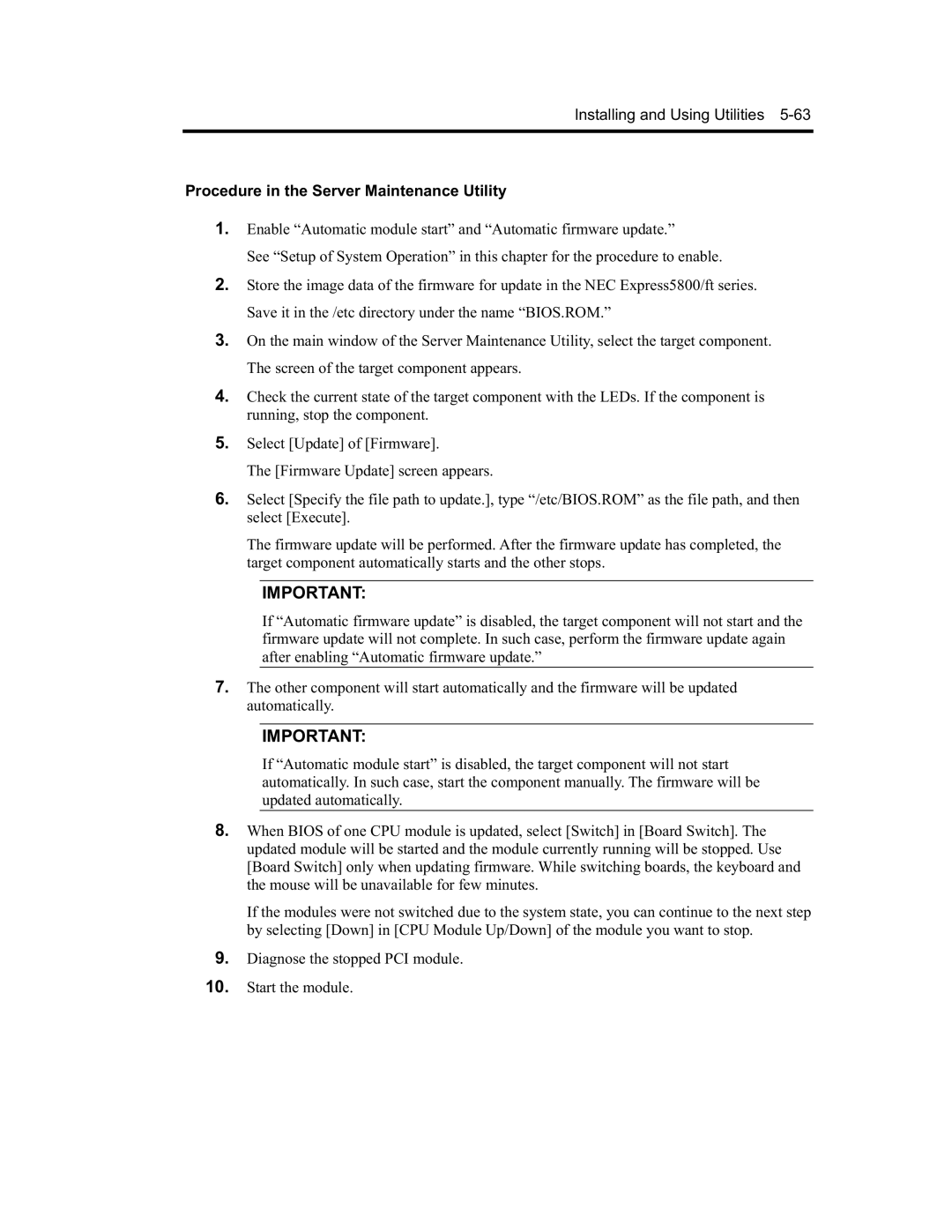 NEC N8800-090F, EXP320A, EXP320B, N8800-091F manual Procedure in the Server Maintenance Utility 