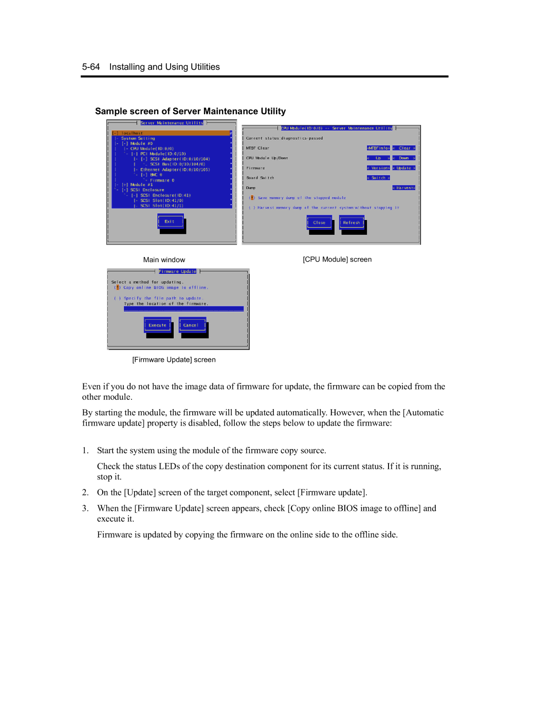 NEC EXP320A, EXP320B, N8800-091F, N8800-090F manual Main window CPU Module screen Firmware Update screen 