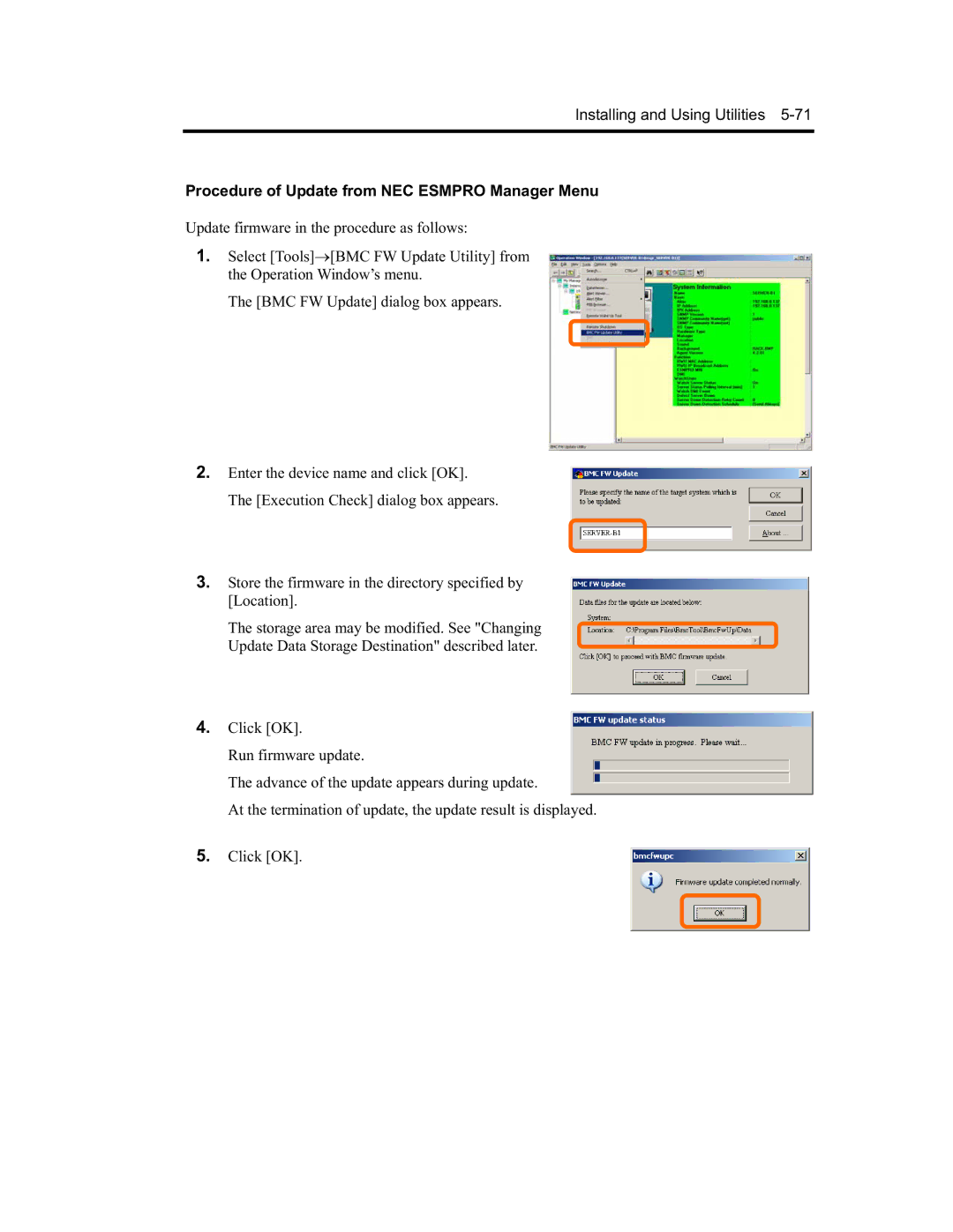 NEC N8800-090F, EXP320A, EXP320B, N8800-091F manual Procedure of Update from NEC Esmpro Manager Menu 