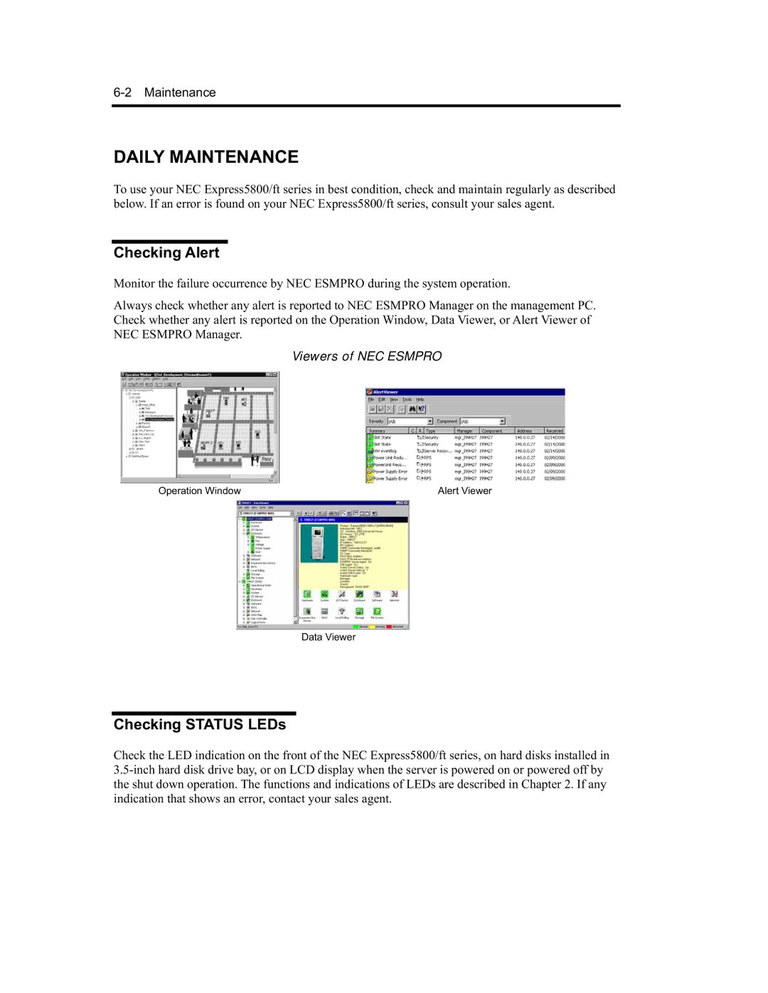 NEC EXP320A, EXP320B, N8800-091F, N8800-090F manual Daily Maintenance, Checking Alert, Checking Status LEDs 