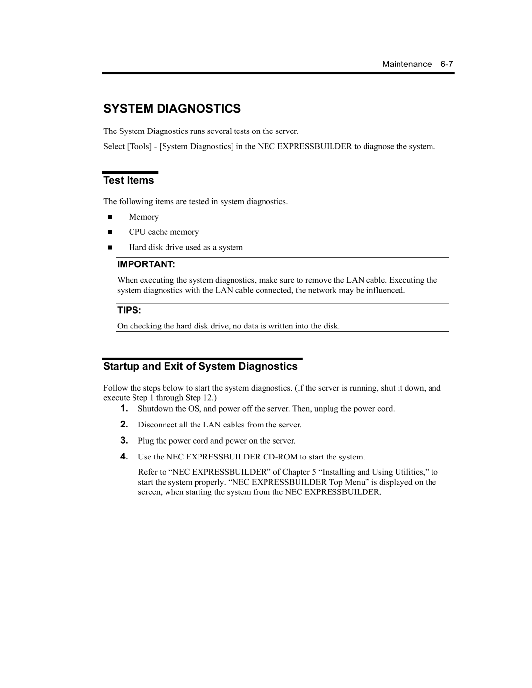 NEC EXP320B, EXP320A, N8800-091F, N8800-090F manual Test Items, Startup and Exit of System Diagnostics 