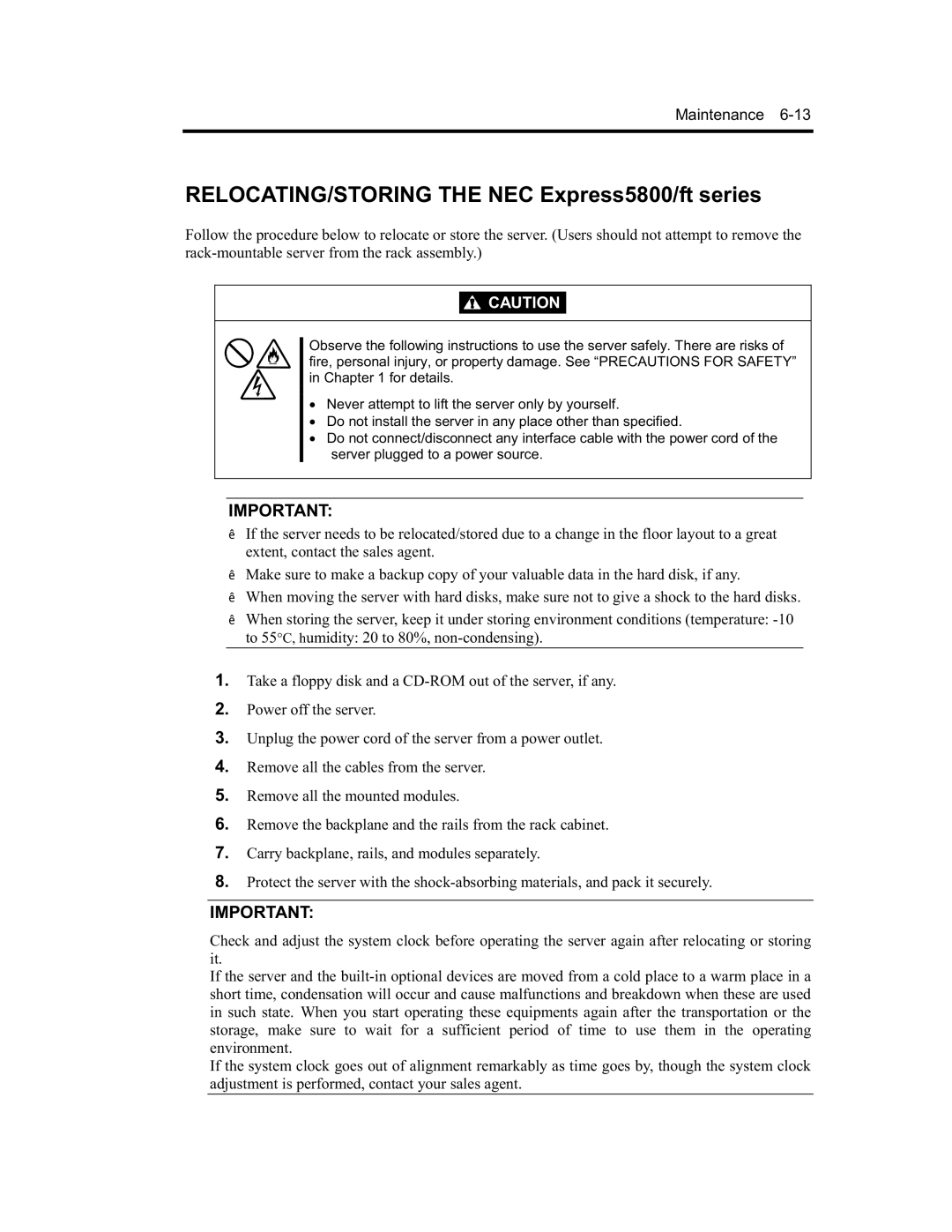 NEC N8800-090F, EXP320A, EXP320B, N8800-091F manual RELOCATING/STORING the NEC Express5800/ft series 