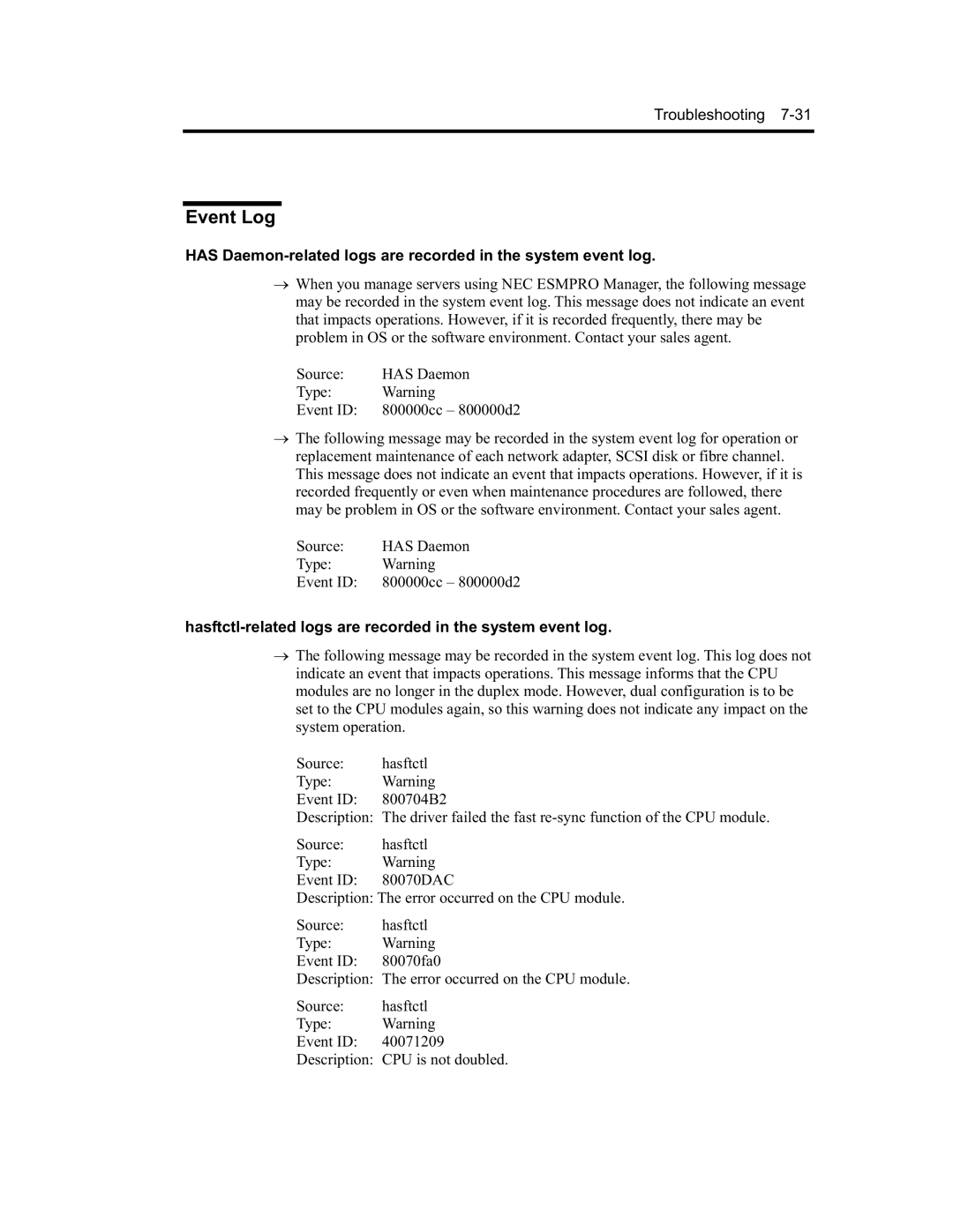 NEC N8800-090F, EXP320A, EXP320B, N8800-091F manual Event Log, Hasftctl-related logs are recorded in the system event log 