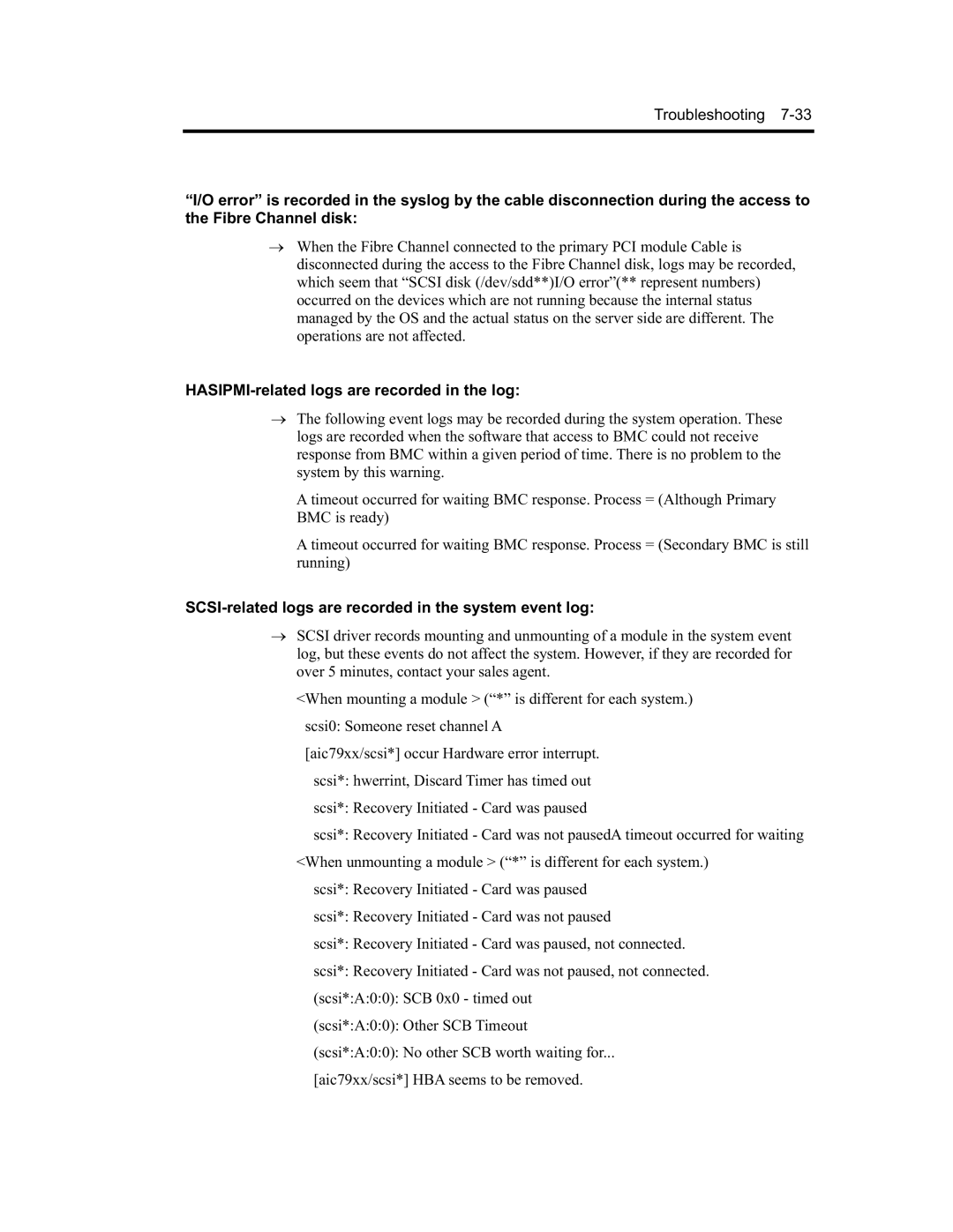 NEC EXP320B, EXP320A HASIPMI-related logs are recorded in the log, SCSI-related logs are recorded in the system event log 