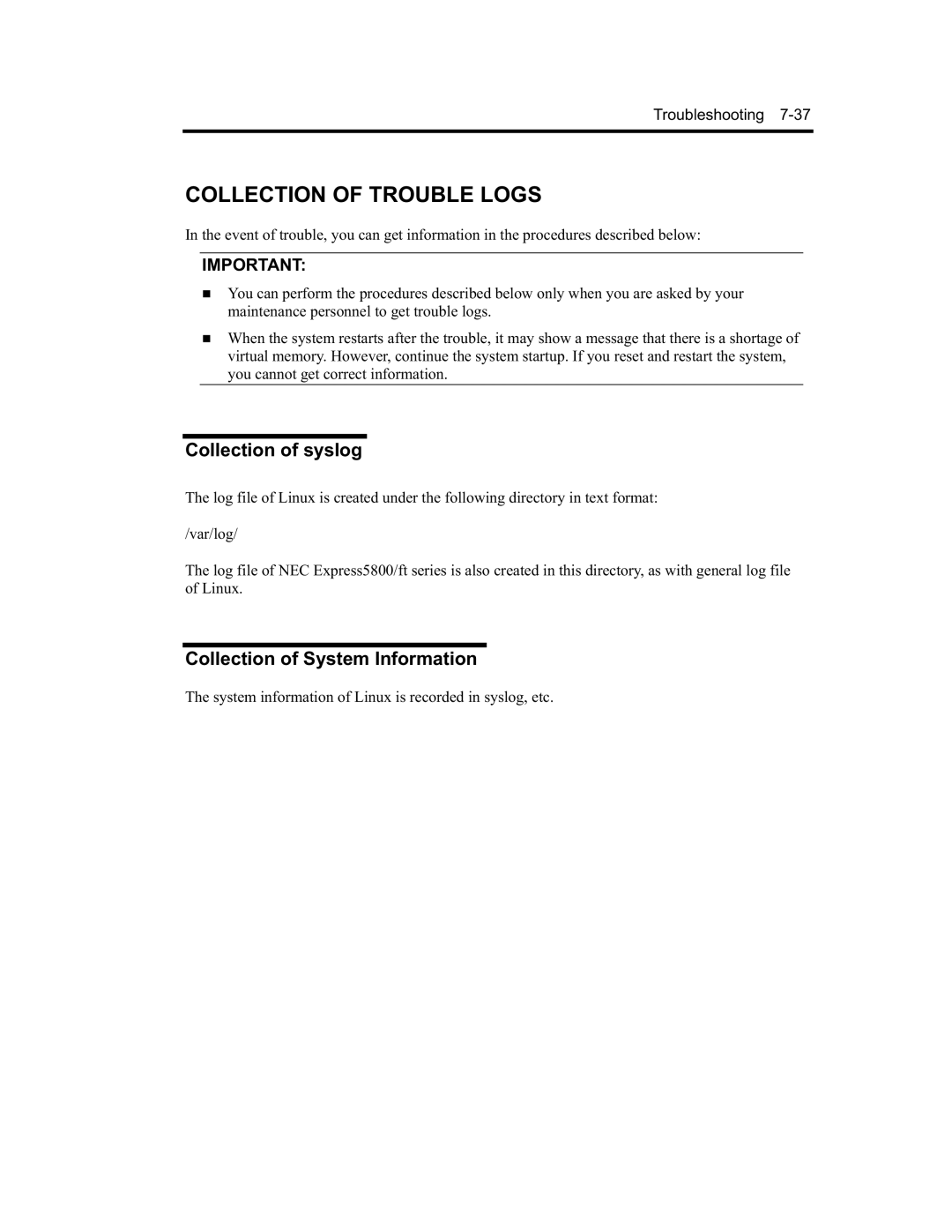 NEC EXP320B, EXP320A, N8800-091F manual Collection of Trouble Logs, Collection of syslog, Collection of System Information 