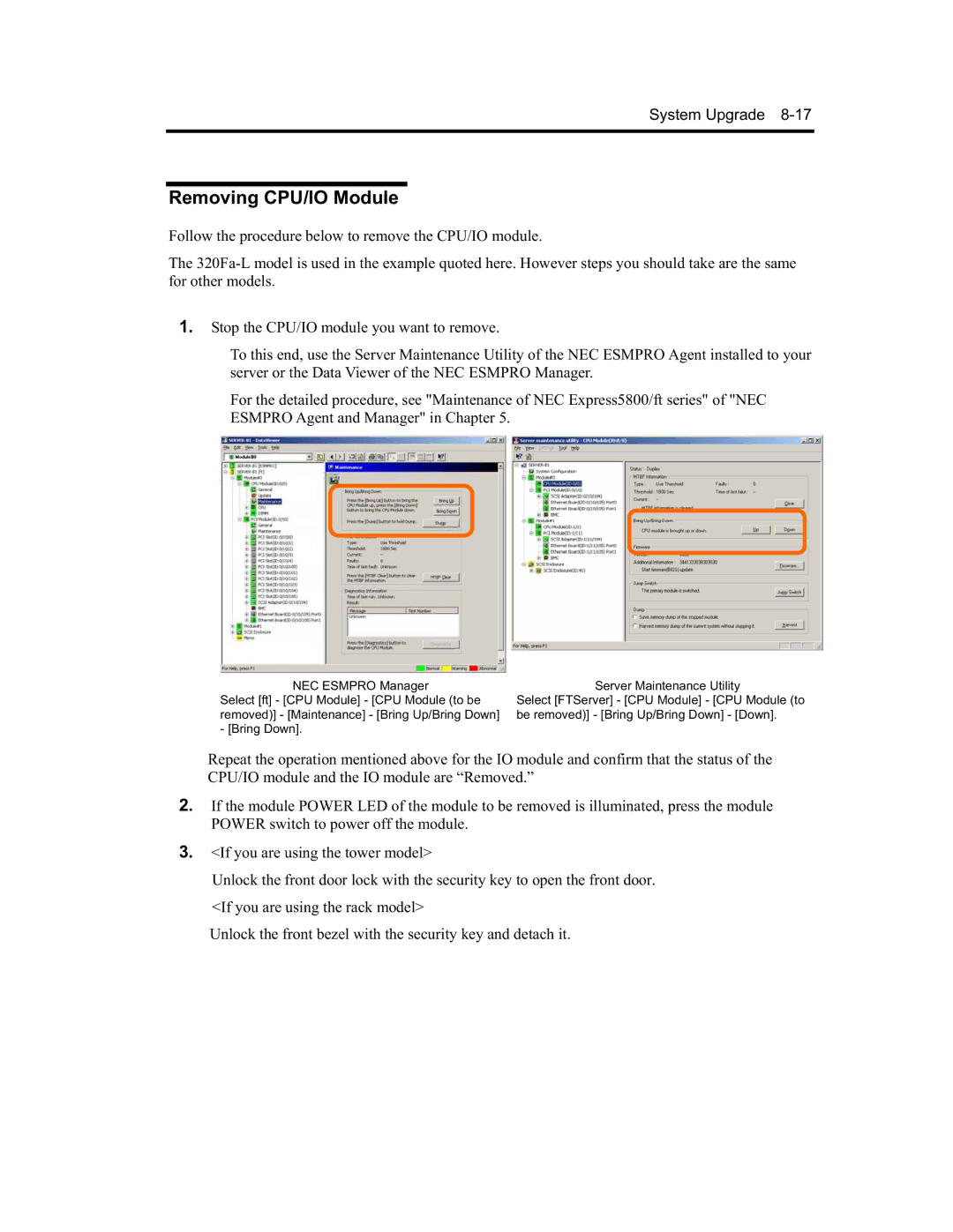 NEC EXP320B, EXP320A, N8800-091F, N8800-090F manual Removing CPU/IO Module 