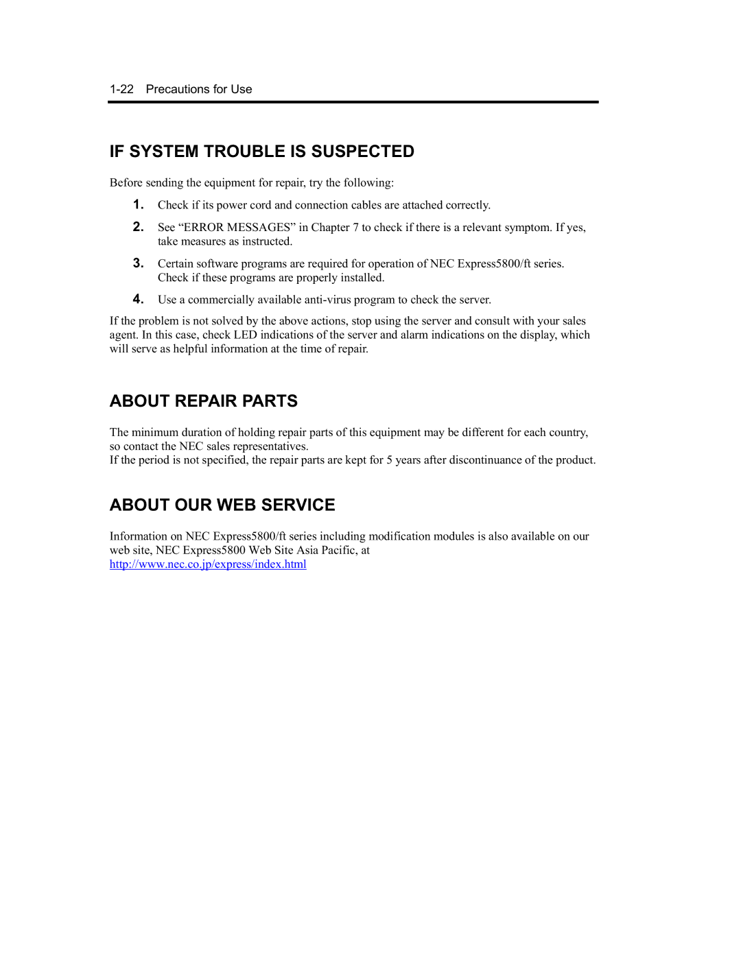 NEC N8800-091F, EXP320A, EXP320B, N8800-090F manual If System Trouble is Suspected, About Repair Parts, About OUR WEB Service 