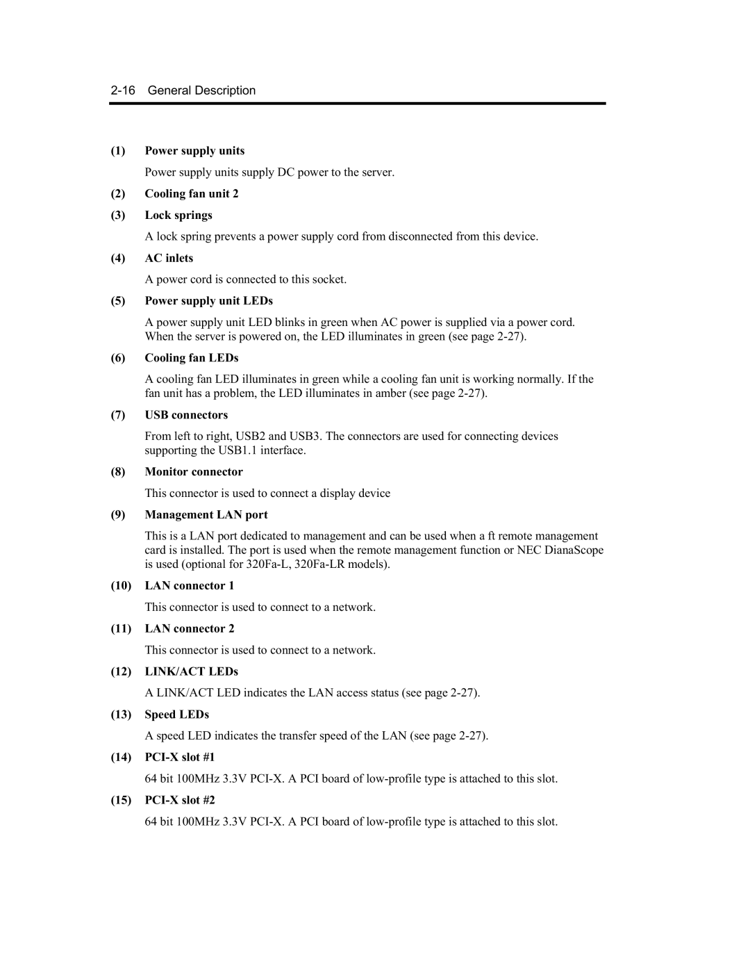 NEC EXP320A manual Power supply units, Cooling fan unit Lock springs, AC inlets, Power supply unit LEDs, Cooling fan LEDs 