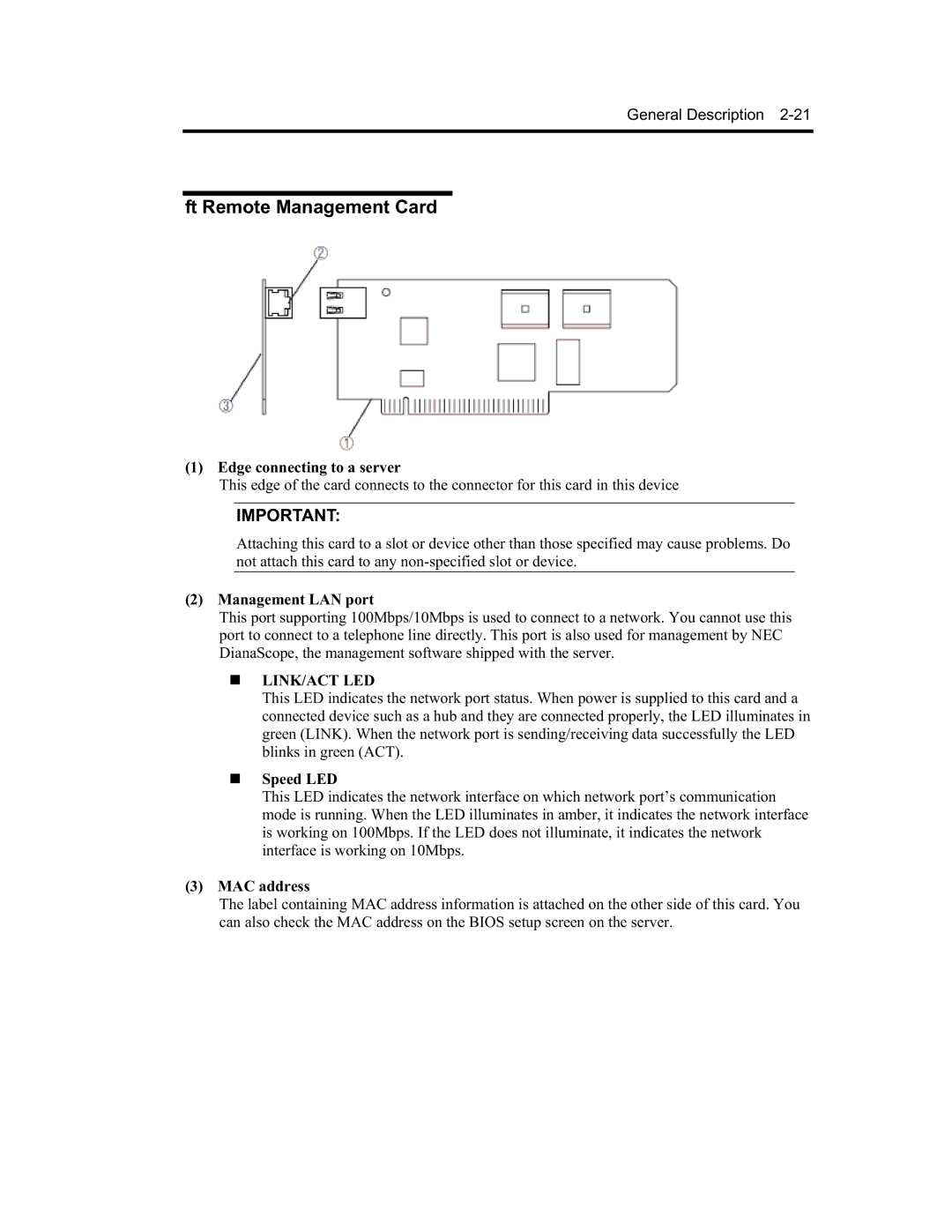 NEC EXP320B, EXP320A, N8800-091F manual Ft Remote Management Card, Edge connecting to a server, „ Speed LED, MAC address 