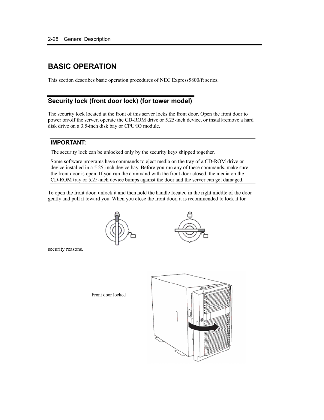 NEC EXP320A, EXP320B, N8800-091F, N8800-090F manual Basic Operation, Security lock front door lock for tower model 