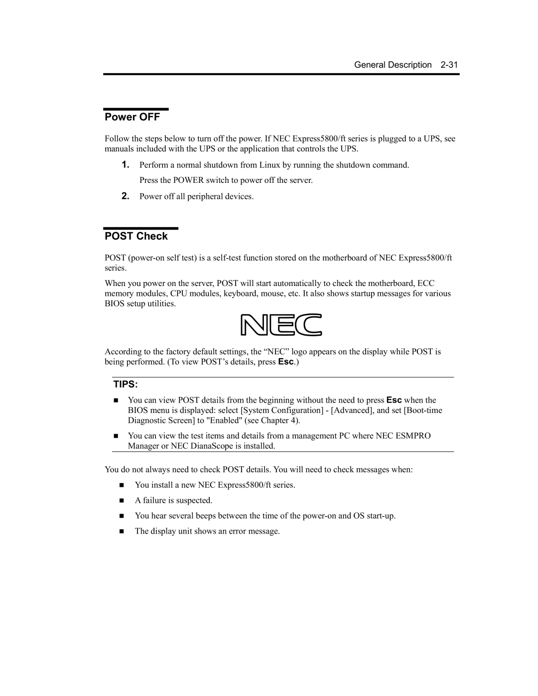 NEC N8800-090F, EXP320A, EXP320B, N8800-091F manual Power OFF, Post Check 