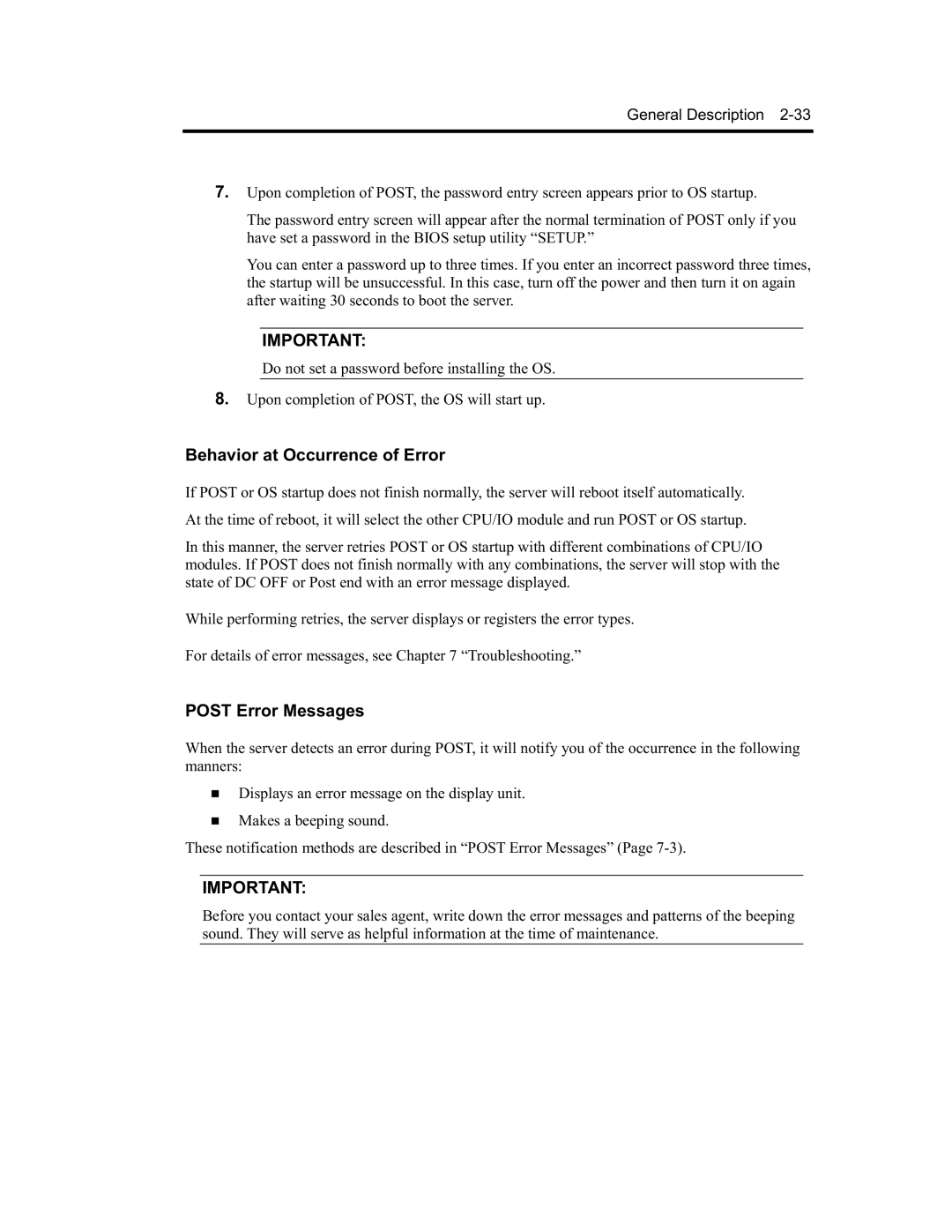 NEC EXP320B, EXP320A, N8800-091F, N8800-090F manual Behavior at Occurrence of Error, Post Error Messages 