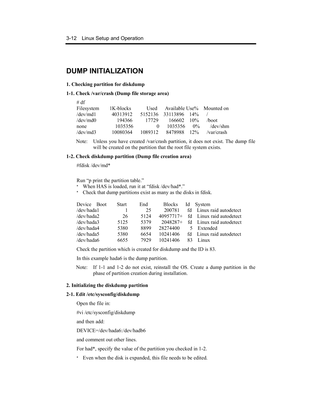 NEC N8800-091F, EXP320A, EXP320B, N8800-090F manual Dump Initialization, Check diskdump partition Dump file creation area 