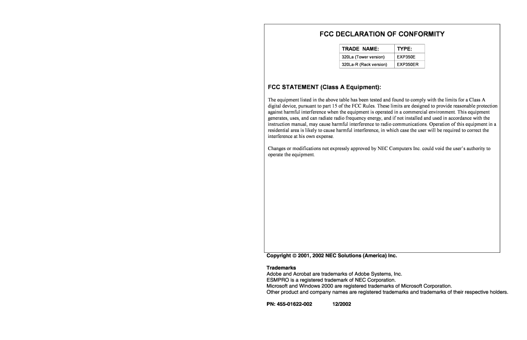 NEC EXP350ER, 320La-R Fcc Declaration Of Conformity, FCC STATEMENT Class A Equipment, Trade Name, Type, 12/2002 