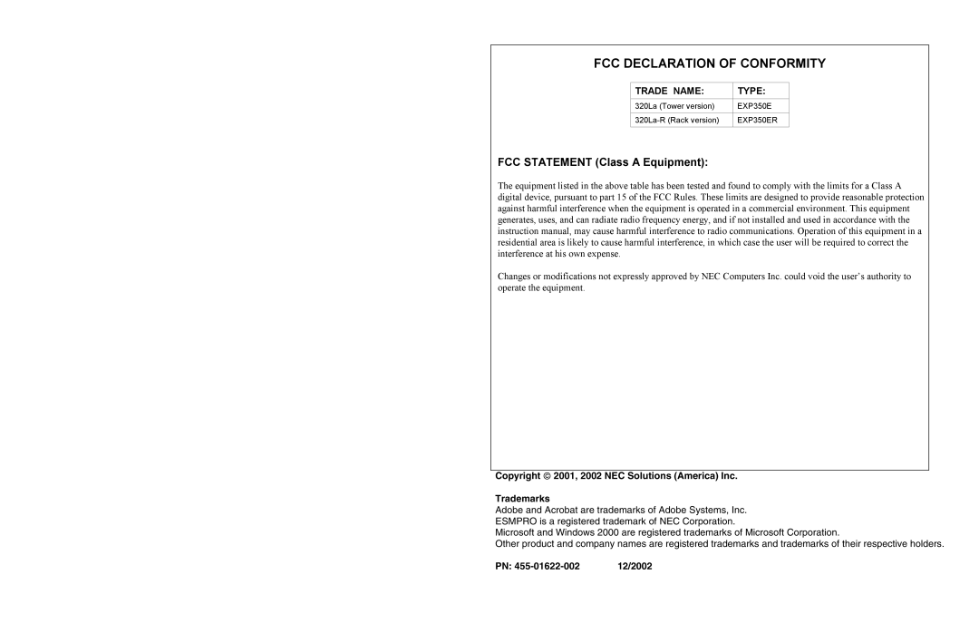 NEC EXP350ER, 320La-R warranty FCC Declaration of Conformity, FCC Statement Class a Equipment, 12/2002 