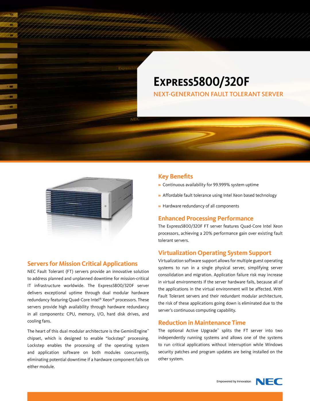 NEC Express320F manual Servers for Mission Critical Applications, Key Benefits, Enhanced Processing Performance 