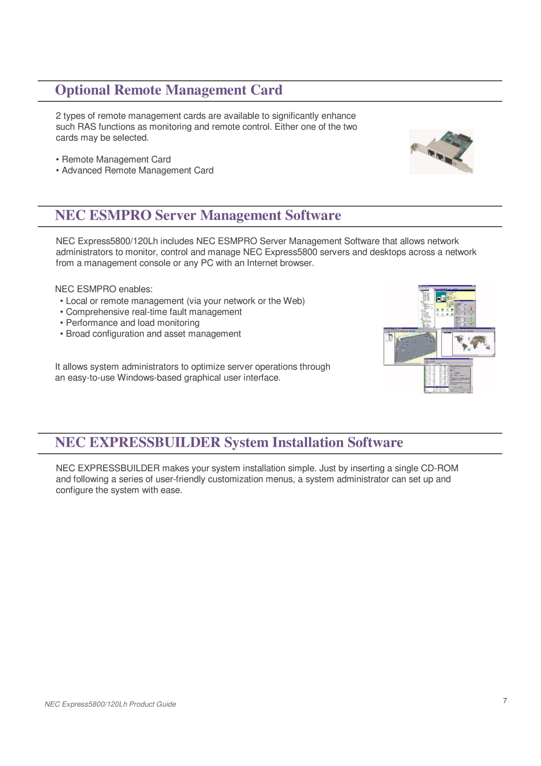 NEC 120Lh, Express5800 manual Optional Remote Management Card, NEC ESMPRO Server Management Software 