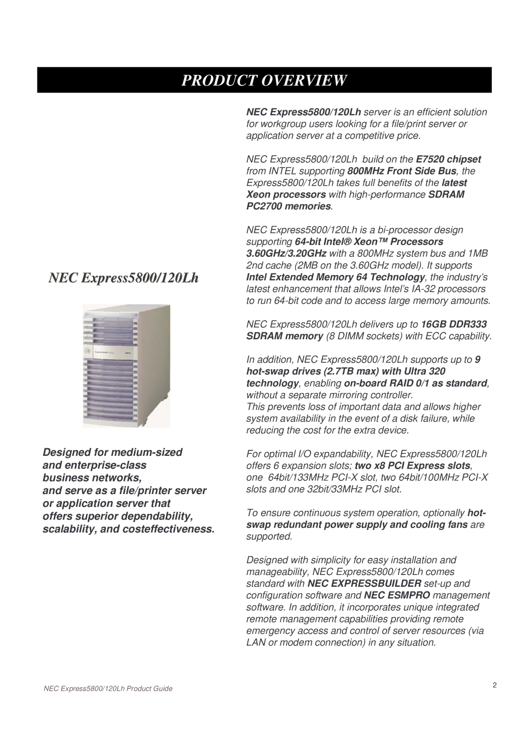 NEC manual Product Overview, NEC Express5800/120Lh 