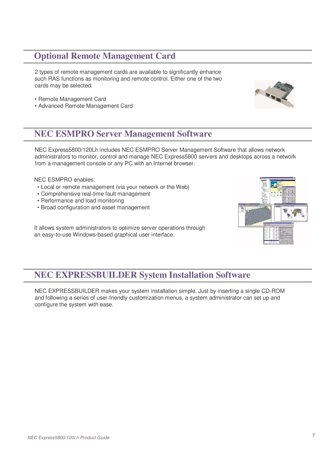 NEC 120Lh, Express5800 manual Optional Remote Management Card, NEC Esmpro Server Management Software 