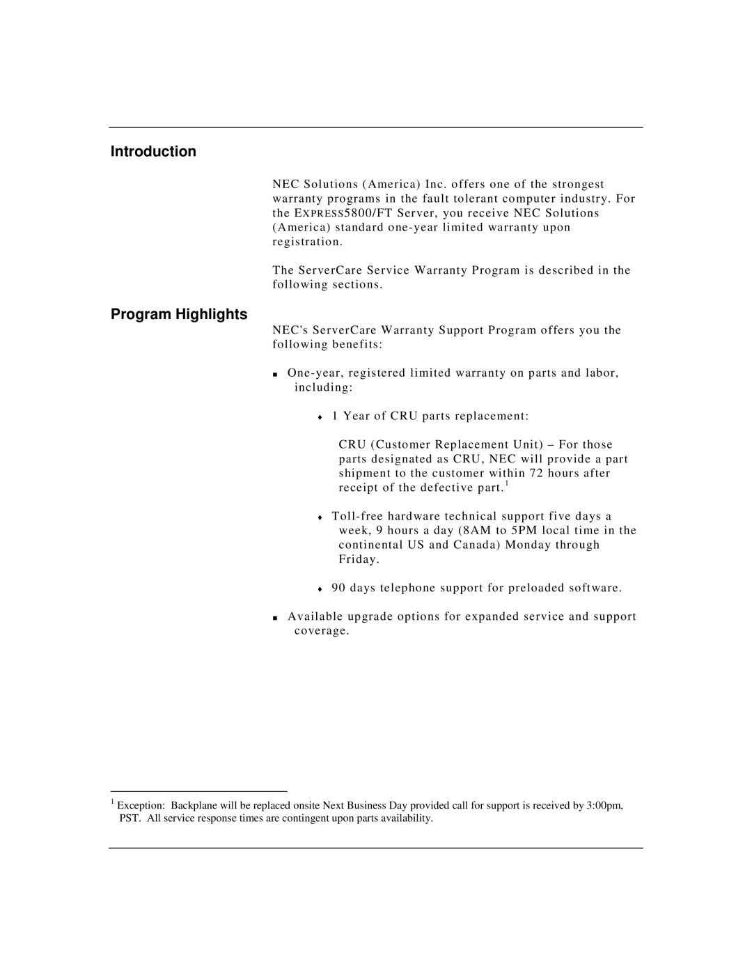 NEC Express5800/FT warranty Introduction, Program Highlights 