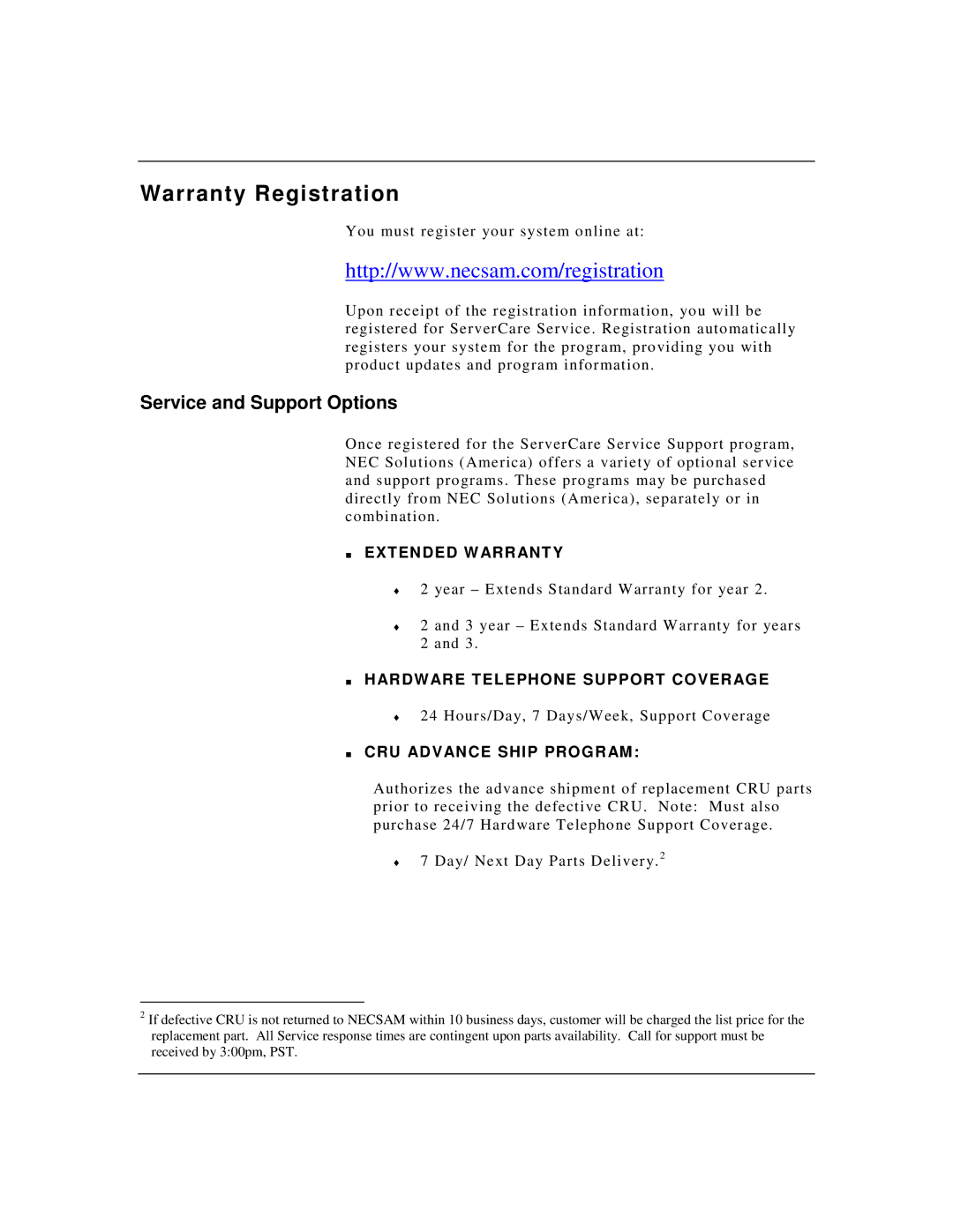 NEC Express5800/FT warranty Warranty Registration, Service and Support Options 