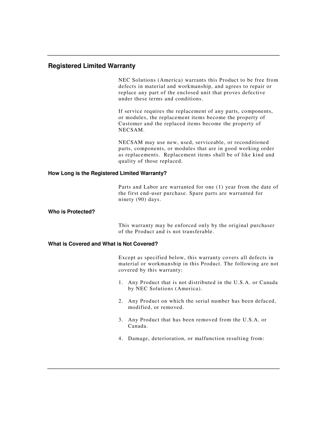 NEC Express5800/FT warranty How Long is the Registered Limited Warranty?, Who is Protected? 