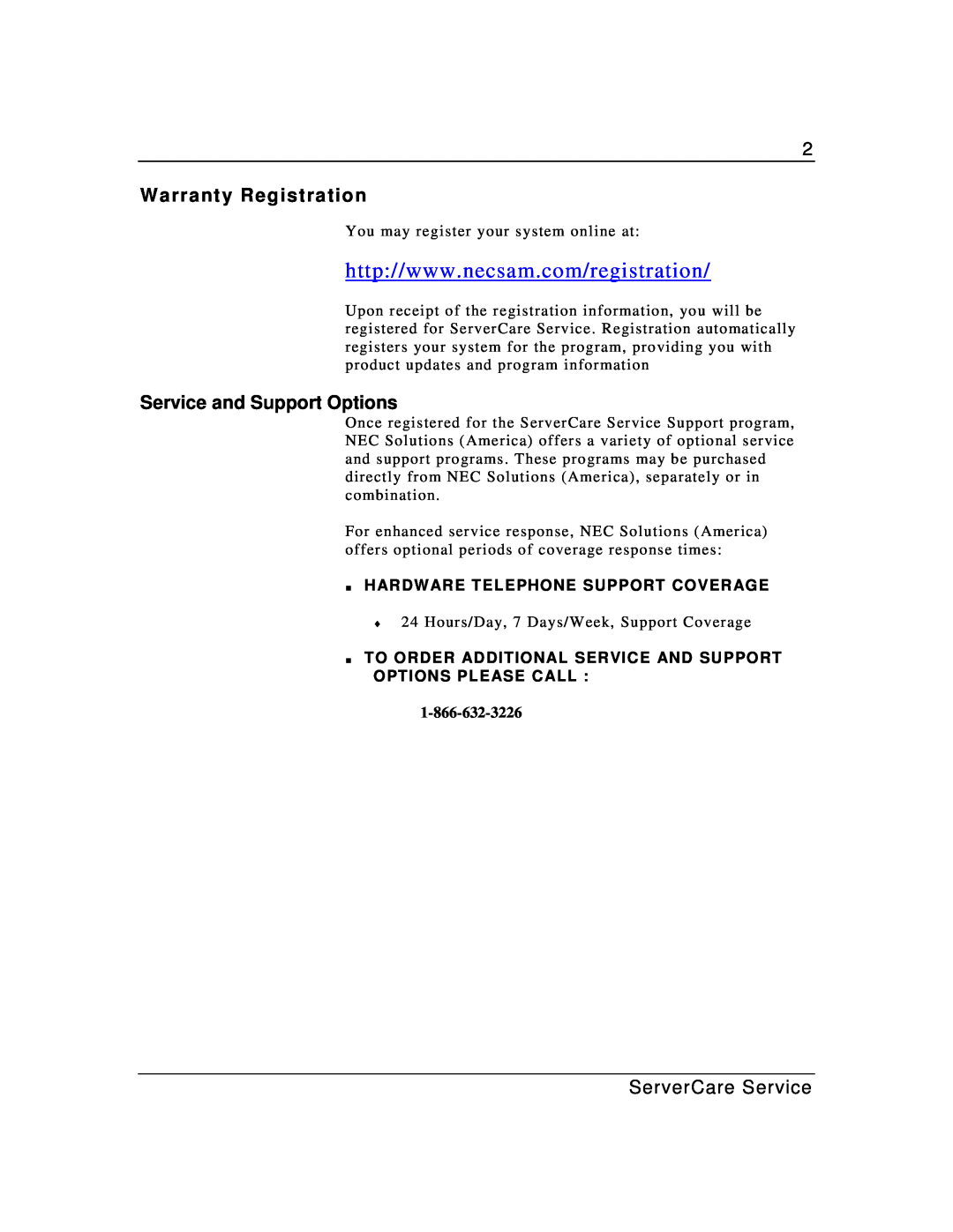 NEC Express5800/GP Server warranty Warranty Registration, Service and Support Options, ServerCare Service 