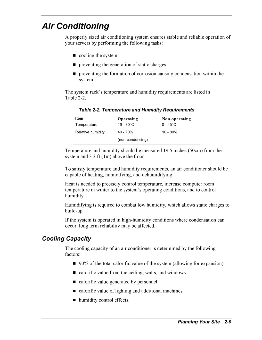 NEC EXPRESS800 manual Air Conditioning, Cooling Capacity, Temperature and Humidity Requirements 