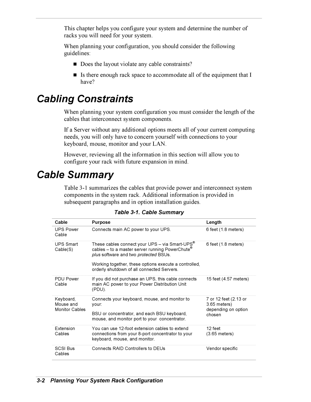 NEC EXPRESS800 manual Cabling Constraints, Cable Summary, Planning Your System Rack Configuration, Cable Purpose Length 