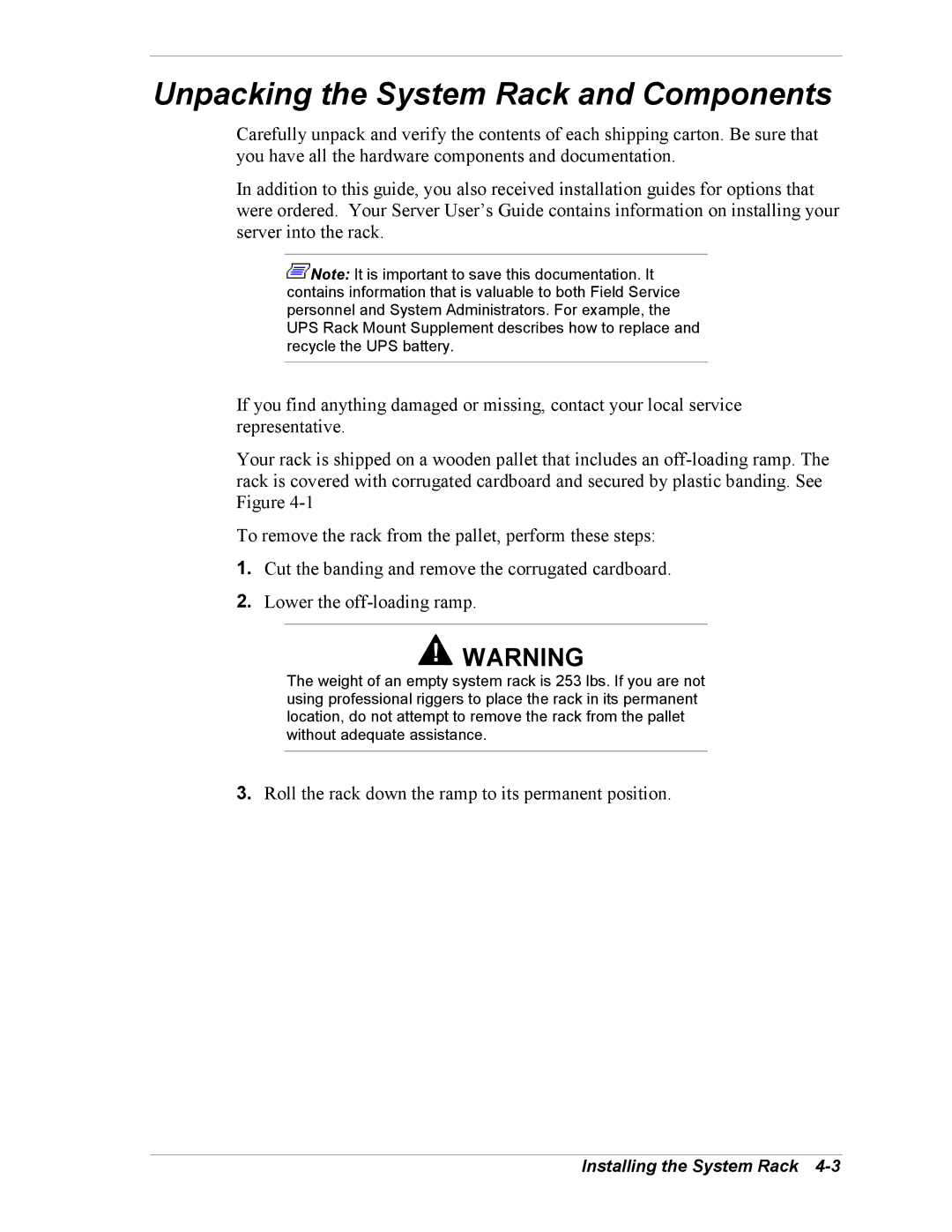 NEC EXPRESS800 manual Unpacking the System Rack and Components 