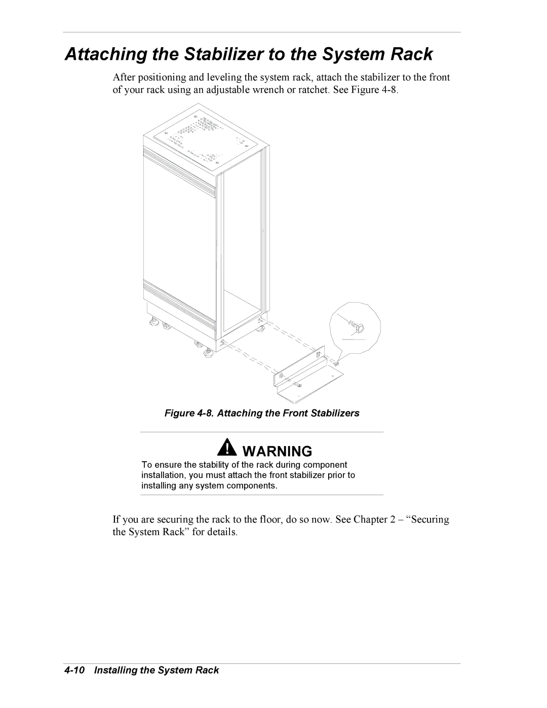 NEC EXPRESS800 manual Attaching the Stabilizer to the System Rack, Attaching the Front Stabilizers 