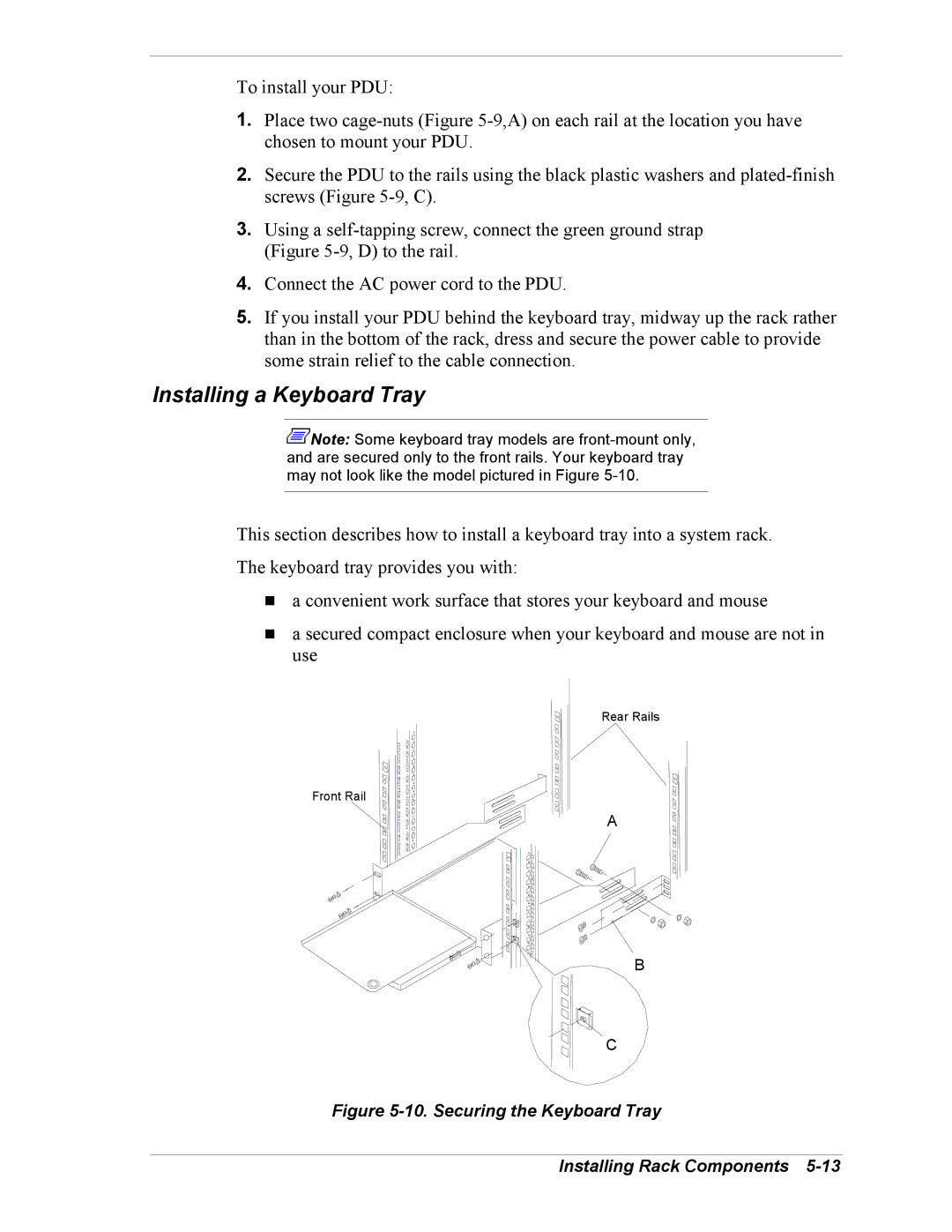 NEC EXPRESS800 manual Installing a Keyboard Tray, Securing the Keyboard Tray Installing Rack Components 