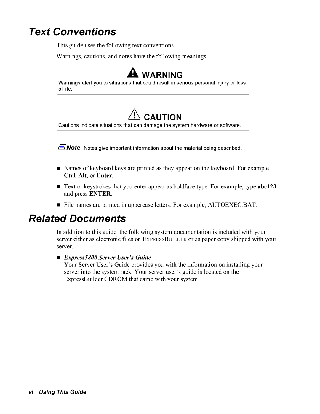 NEC EXPRESS800 manual Text Conventions, Related Documents, Vi Using This Guide 