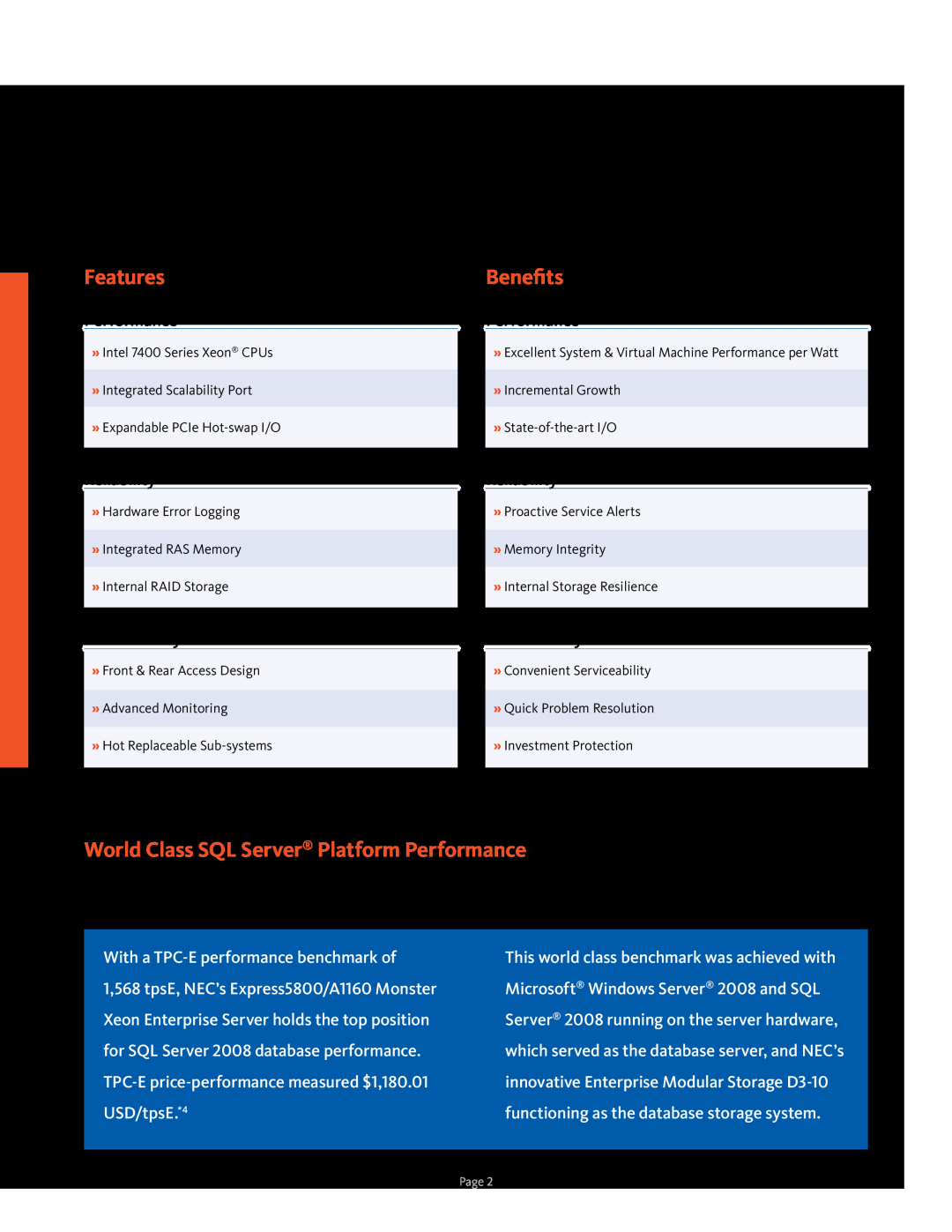 NEC ExpressA1160 manual Features, Benefits, World Class SQL Server Platform Performance 