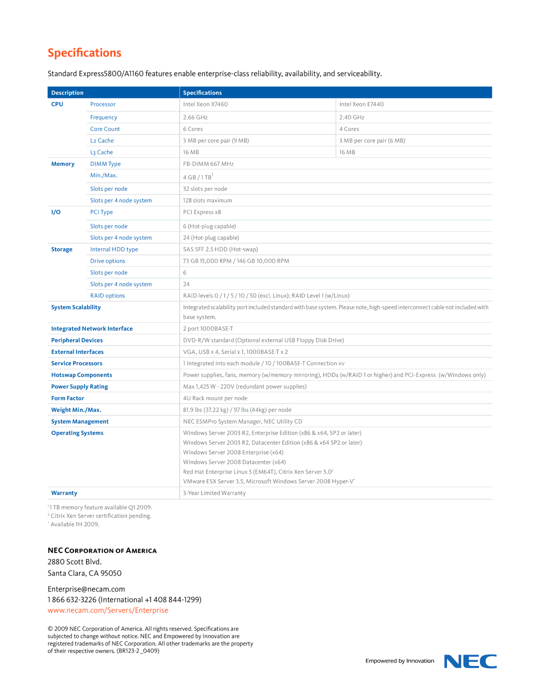 NEC ExpressA1160 manual Specifications, Scott Blvd Santa Clara, CA Enterprise@necam.com 