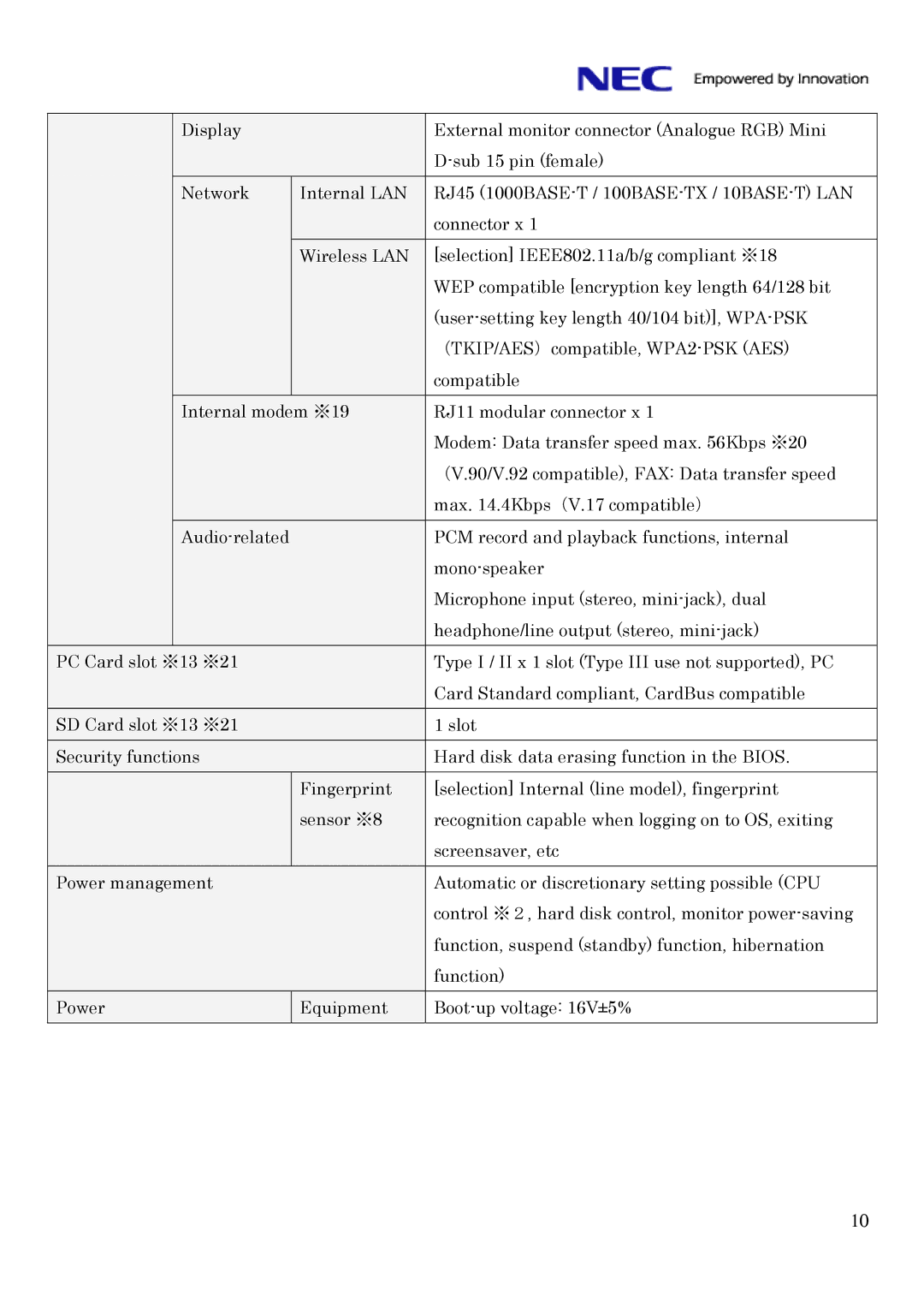 NEC FC-Note Series, FC-N21S specifications PCM record and playback functions, internal 