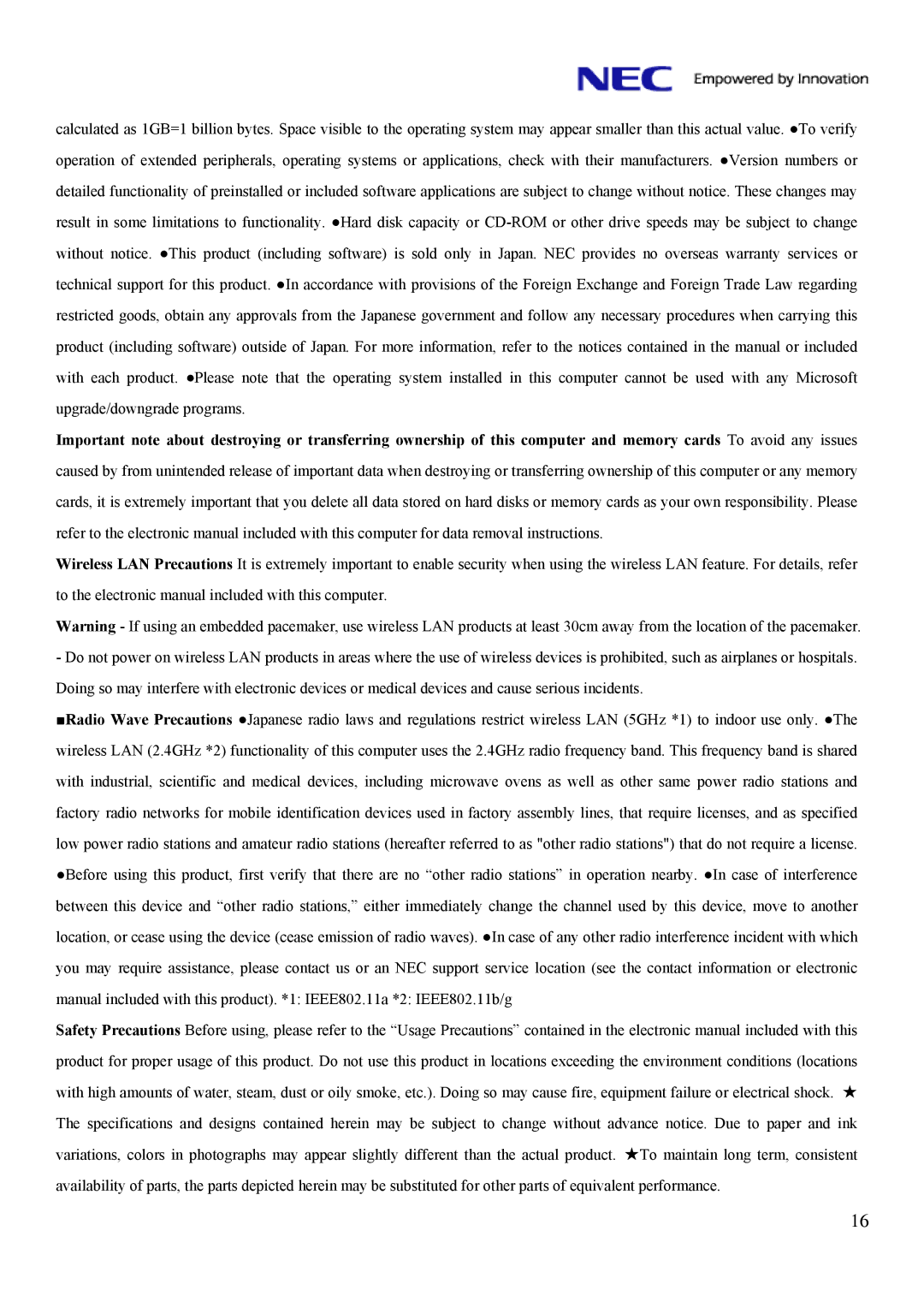 NEC FC-Note Series, FC-N21S specifications 