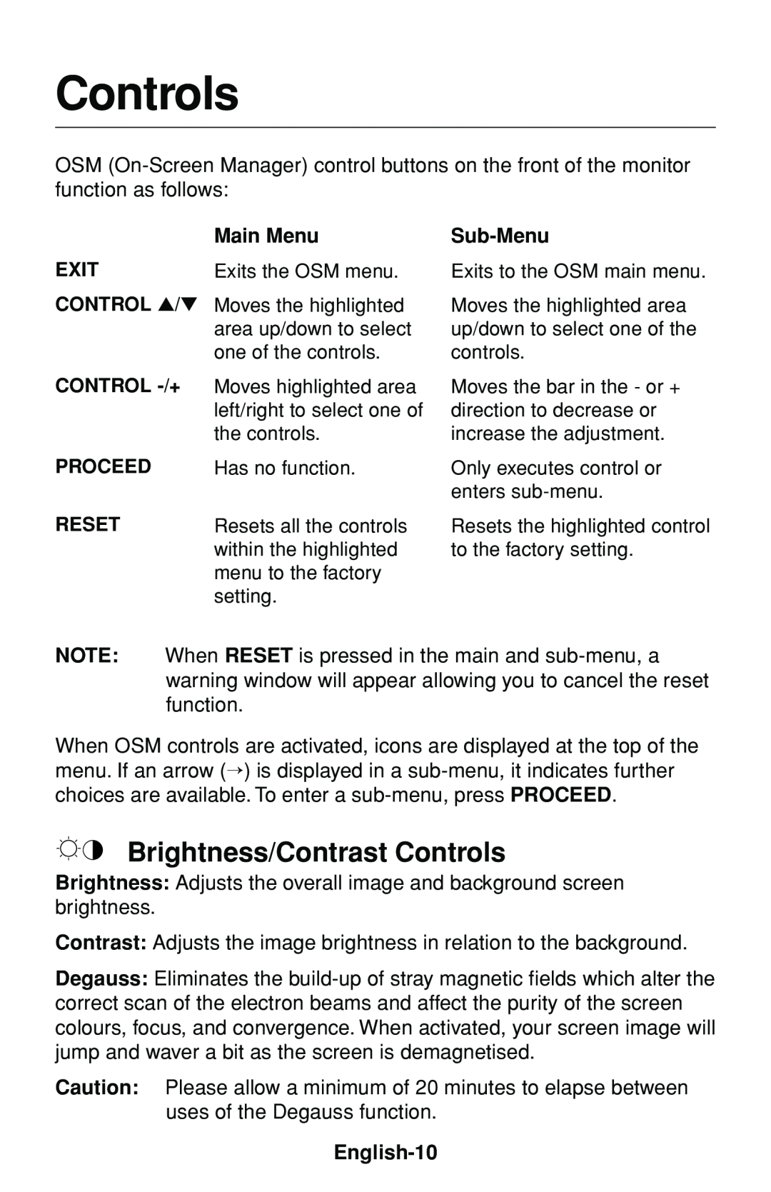 NEC FE1250+ user manual Brightness/Contrast Controls, Main Menu, Sub-Menu, English-10 
